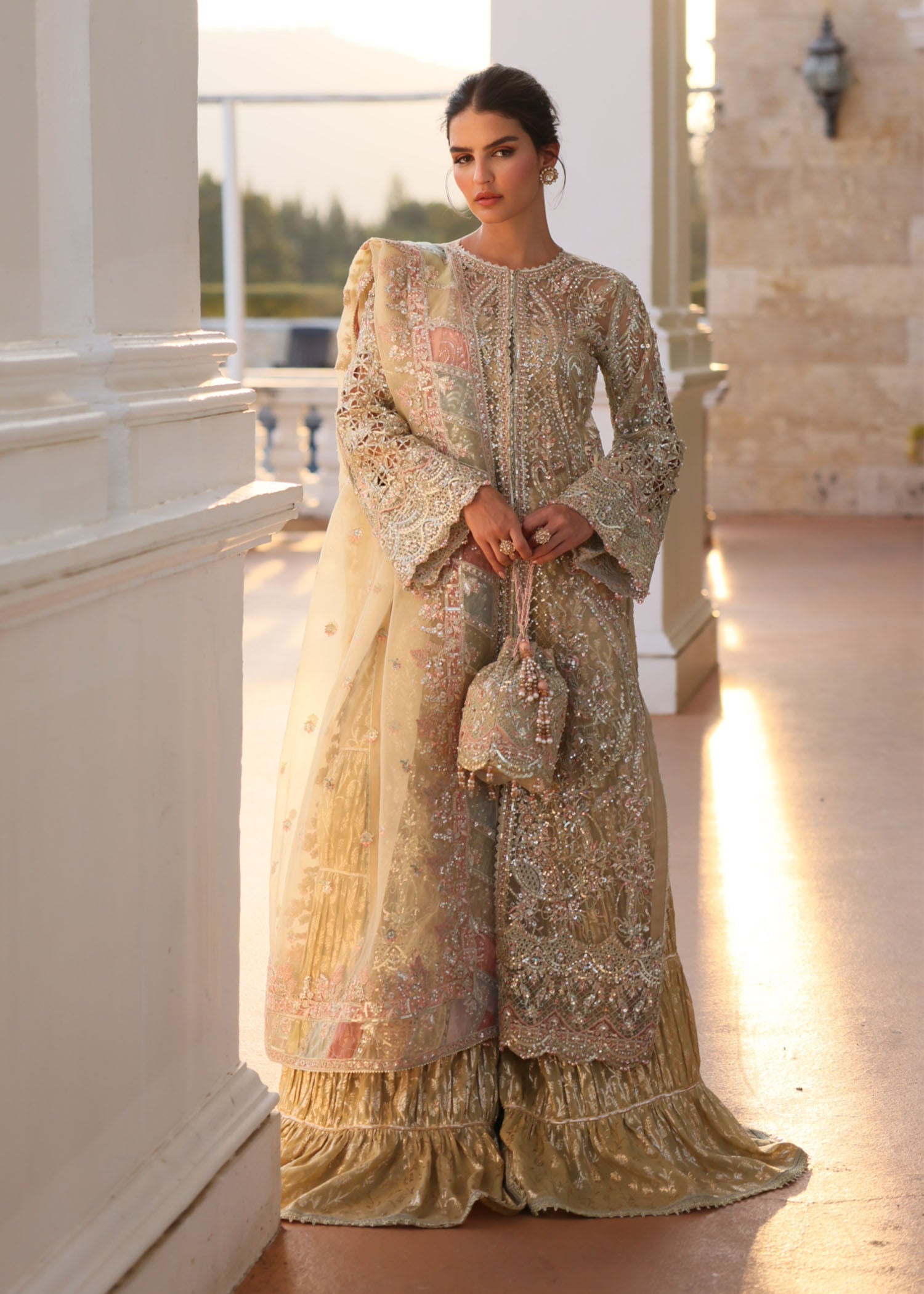 Safana nude embroidered sharara ensemble front - Kanwal Malik Mirha Eid Luxury Pret'26