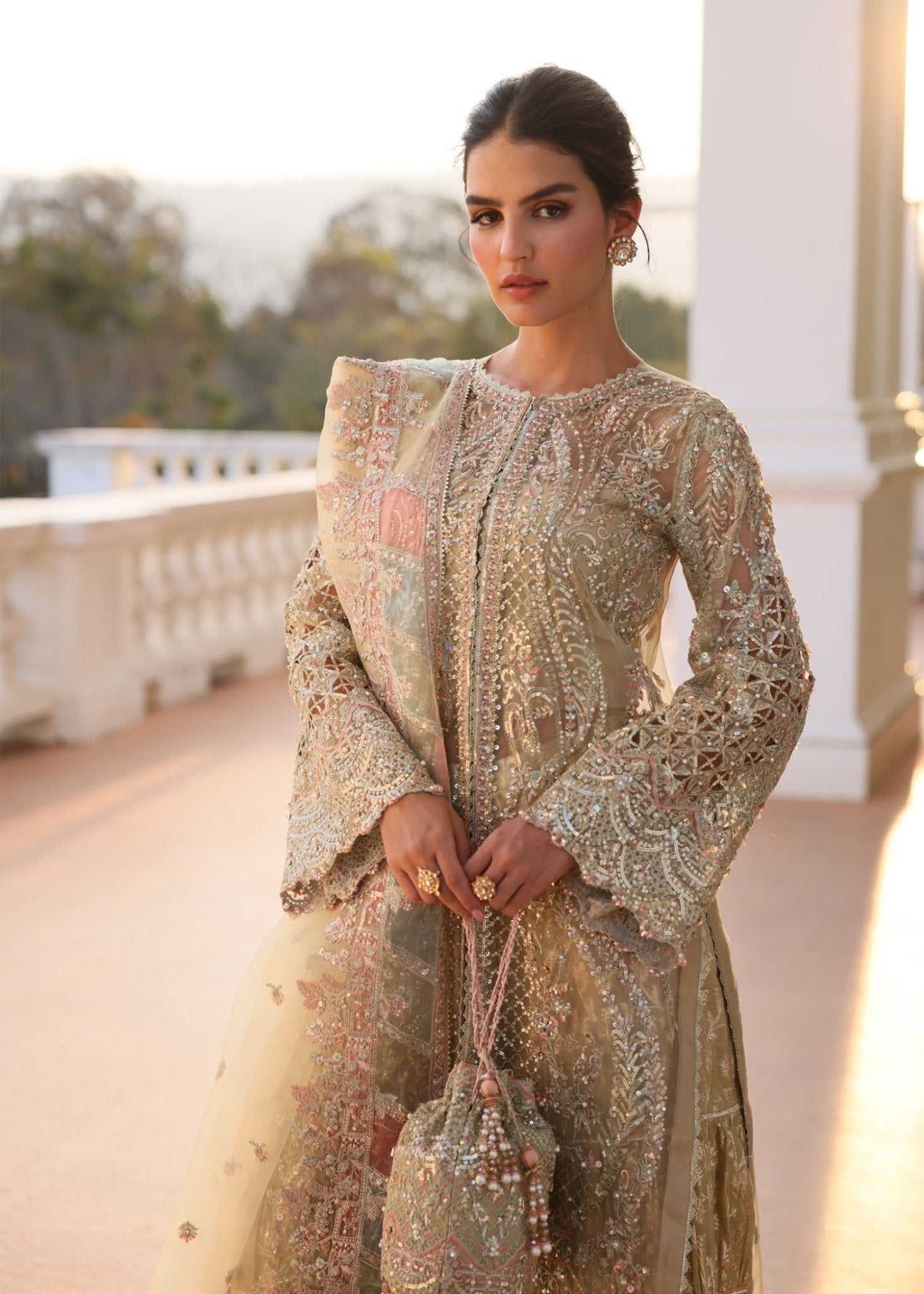 Safana nude organza shirt embroidery detail - Kanwal Malik luxury pret
