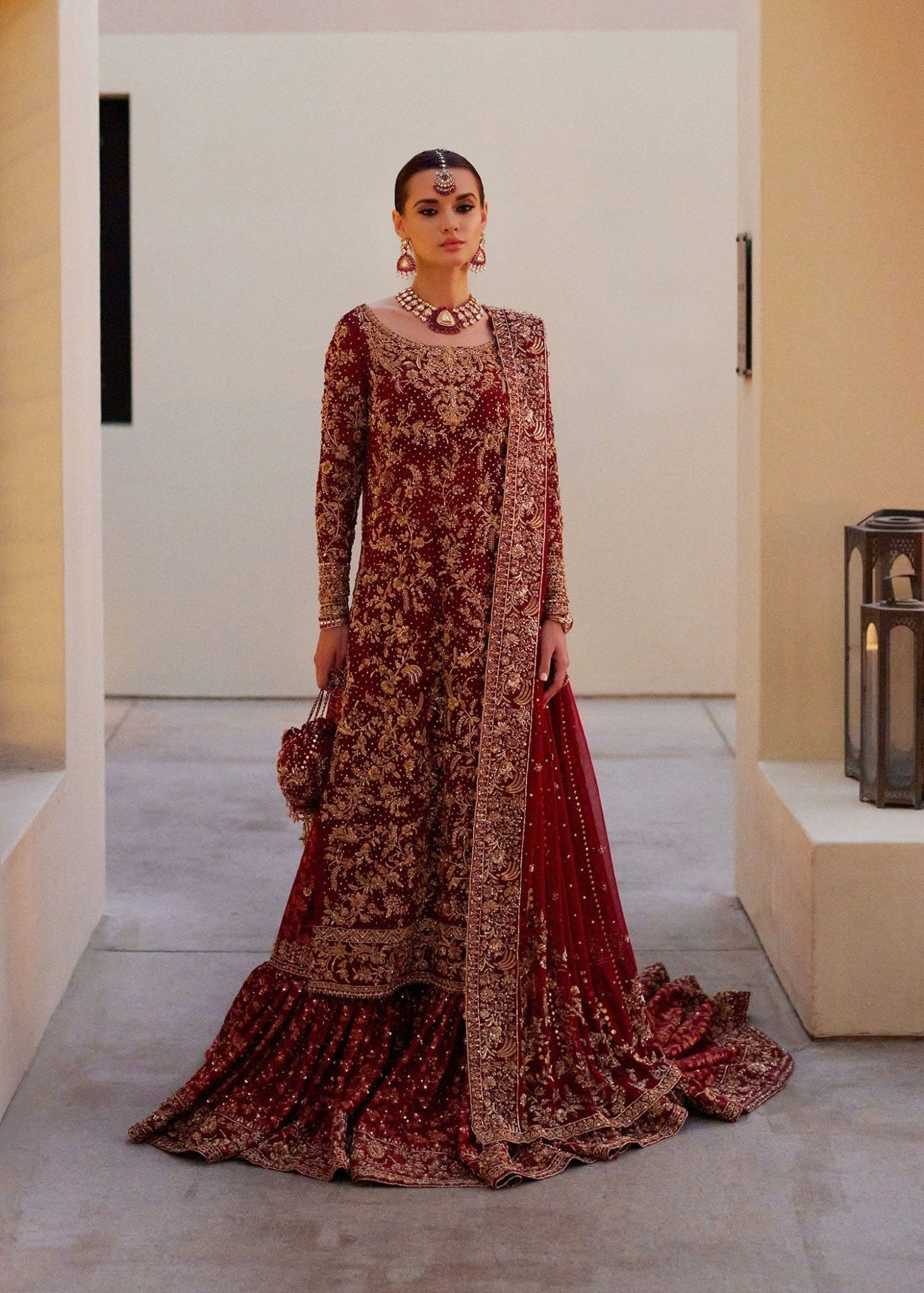 Zinia deep red bridal dress front - Kanwal Malik Maysa Bridal Couture'24