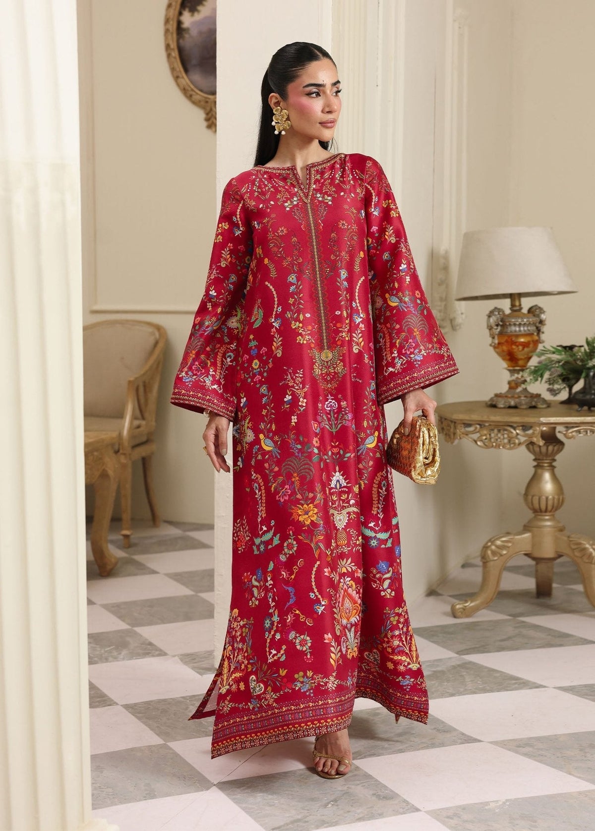 Rhea red raw silk kaftan full length - Kanwal Malik Pakistani luxury wear