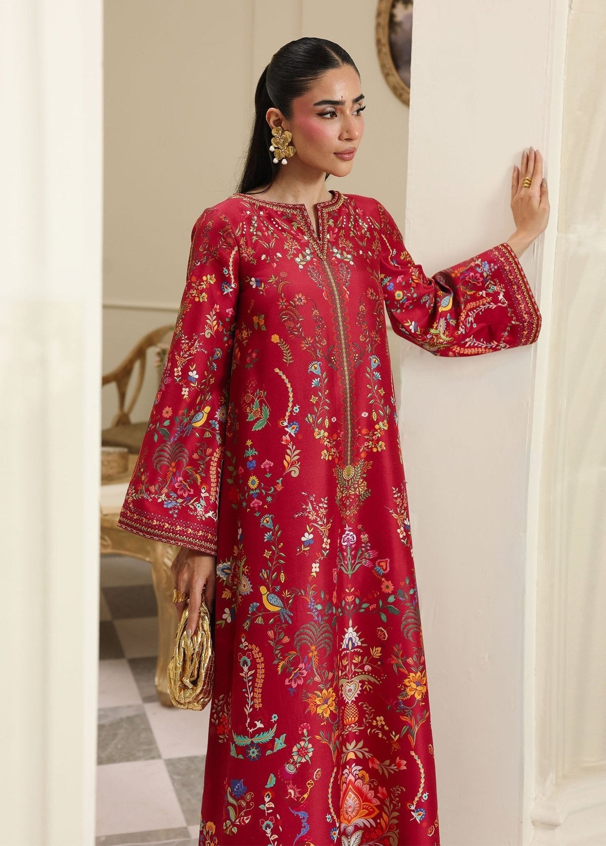 Rhea red raw silk kaftan side detail - Kanwal Malik Pakistani designer wear
