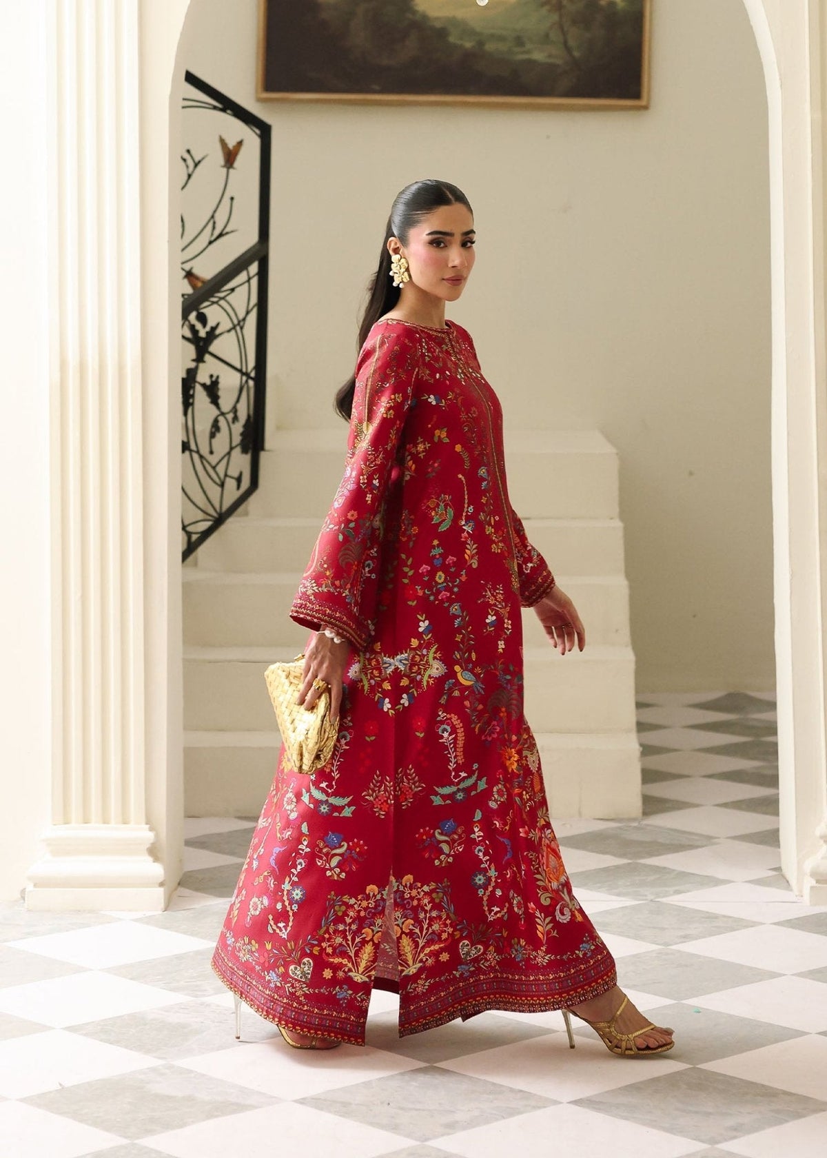 Rhea red kaftan shirt styled look - Kanwal Malik Sorelle Luxe Silk