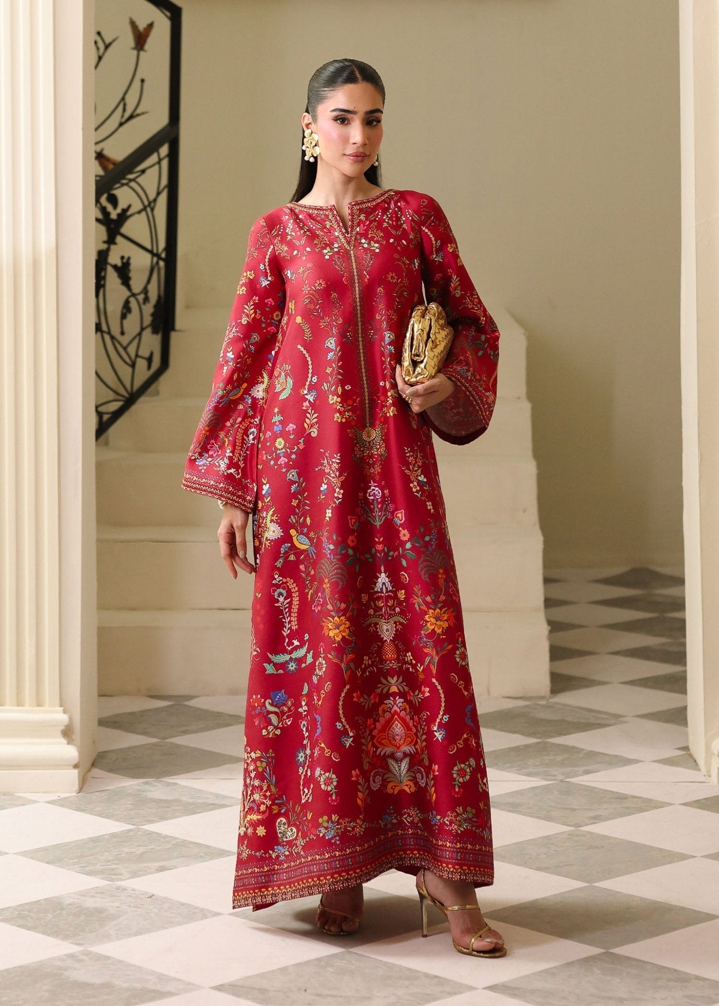 Rhea red raw silk kaftan shirt - Kanwal Malik Sorelle Luxe Silk'26