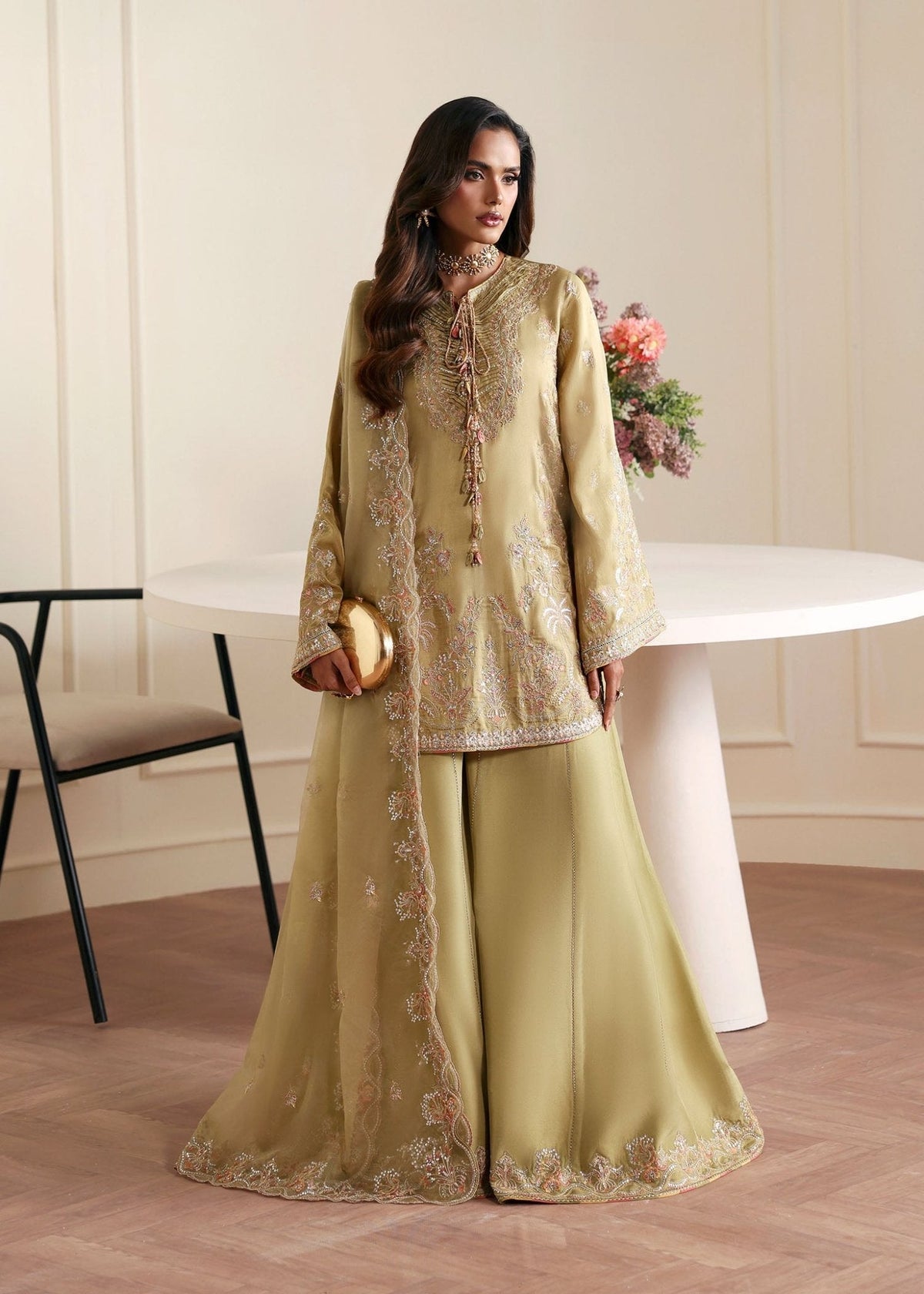 Vena olive green tassel silk shirt front - Kanwal Malik Rea Luxury Pret'26