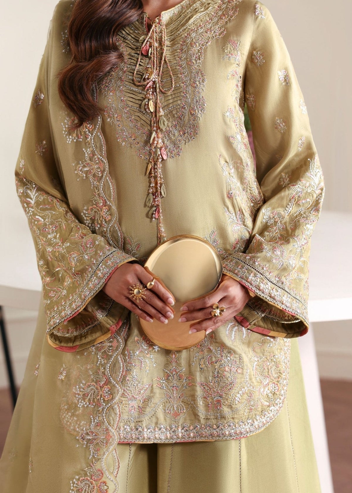 Vena olive silk shirt with sharara trousers - Kanwal Malik Pakistani designer wear