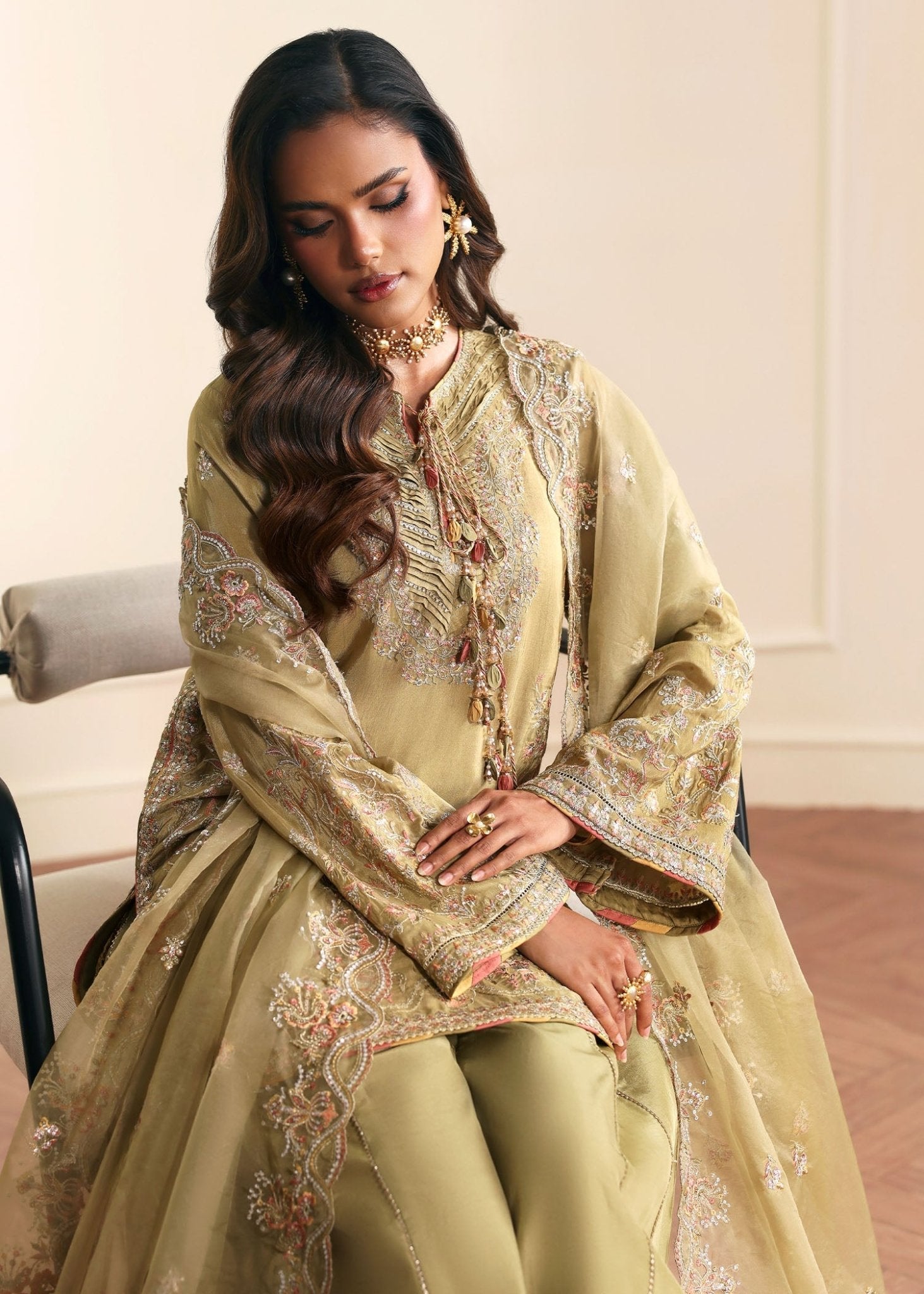 Vena olive tassel silk luxury pret ensemble - Kanwal Malik