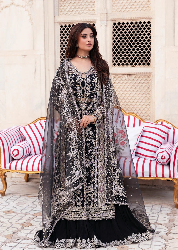 Aman black organza front-open jacket with embroidered pants and organza dupatta – Kanwal Malik Maahi '26, photo 1