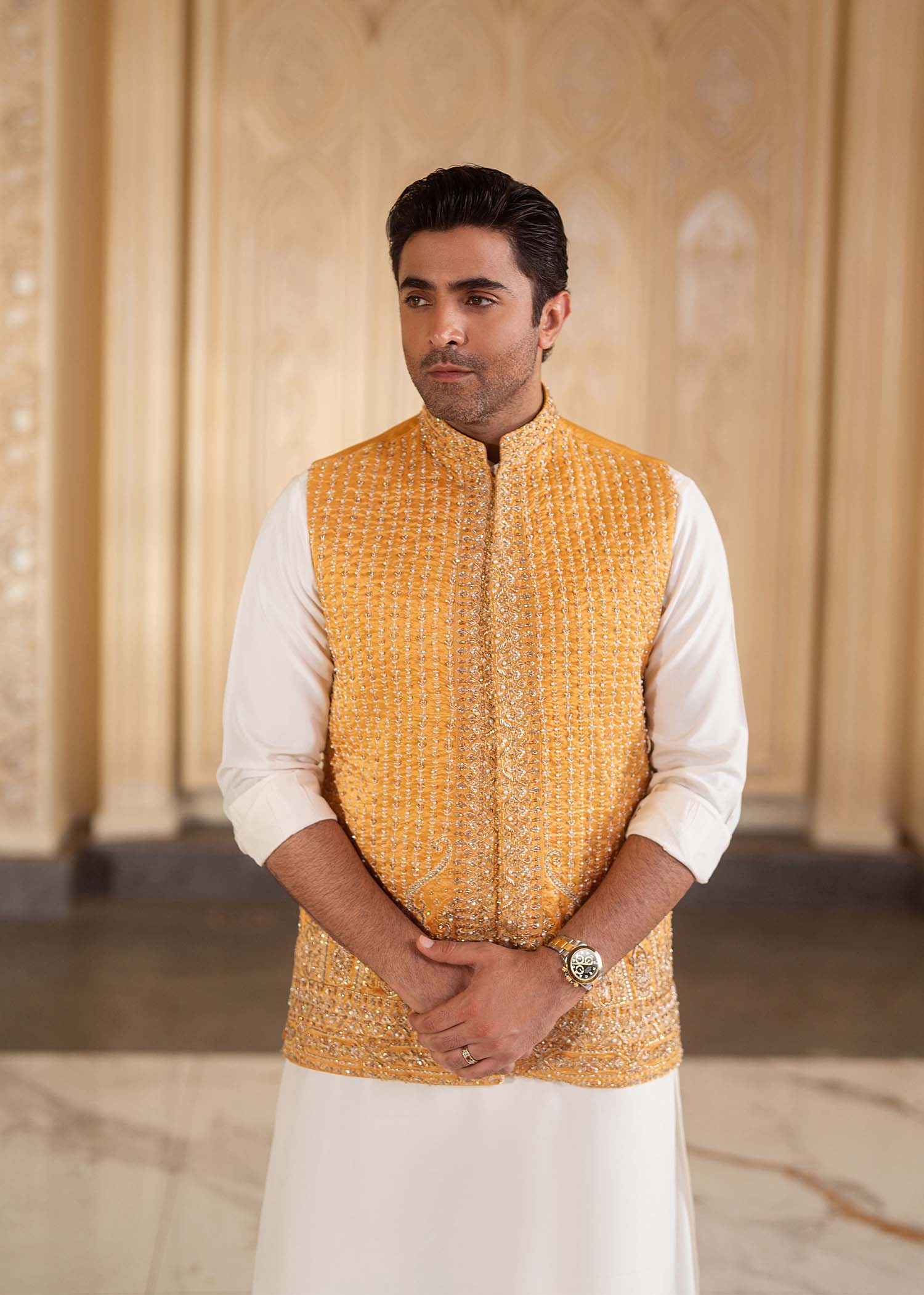 Abeer white embroidery embellishment detail - Kanwal Malik menswear