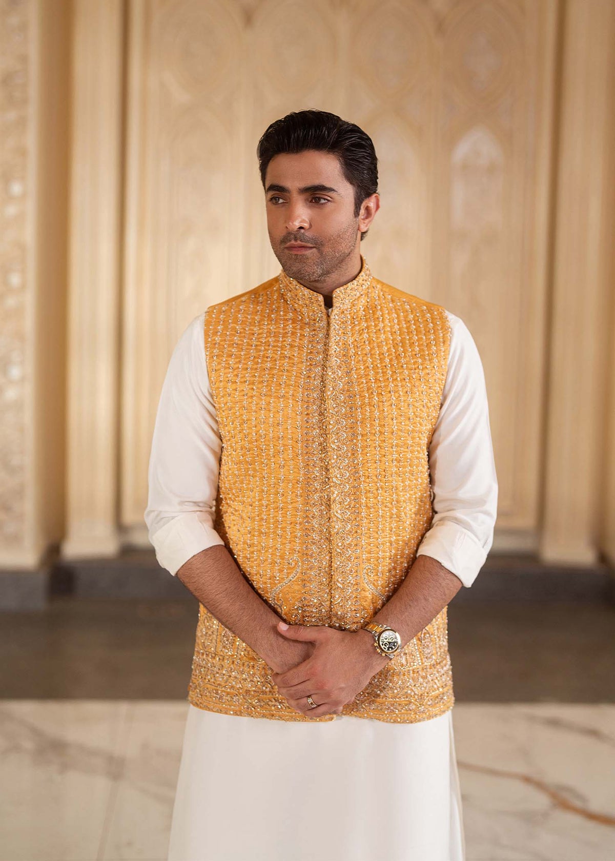 Abeer white embroidery embellishment detail - Kanwal Malik menswear