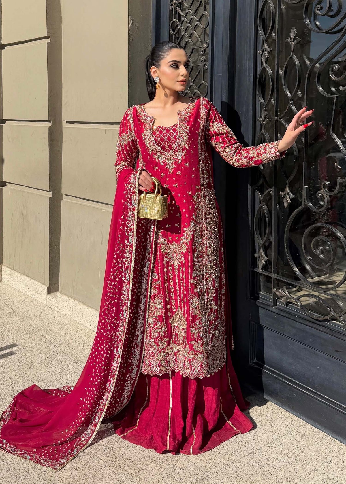 Aden red chiffon dupatta detail - Kanwal Malik