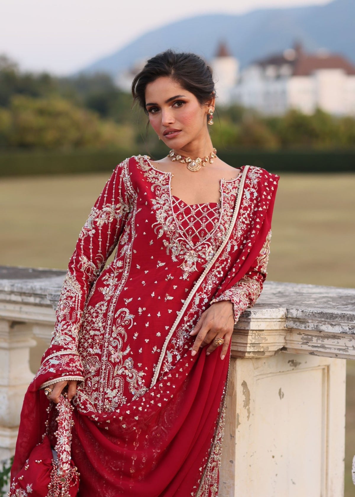 Aden red Korean silk sharara pant detail - Kanwal Malik