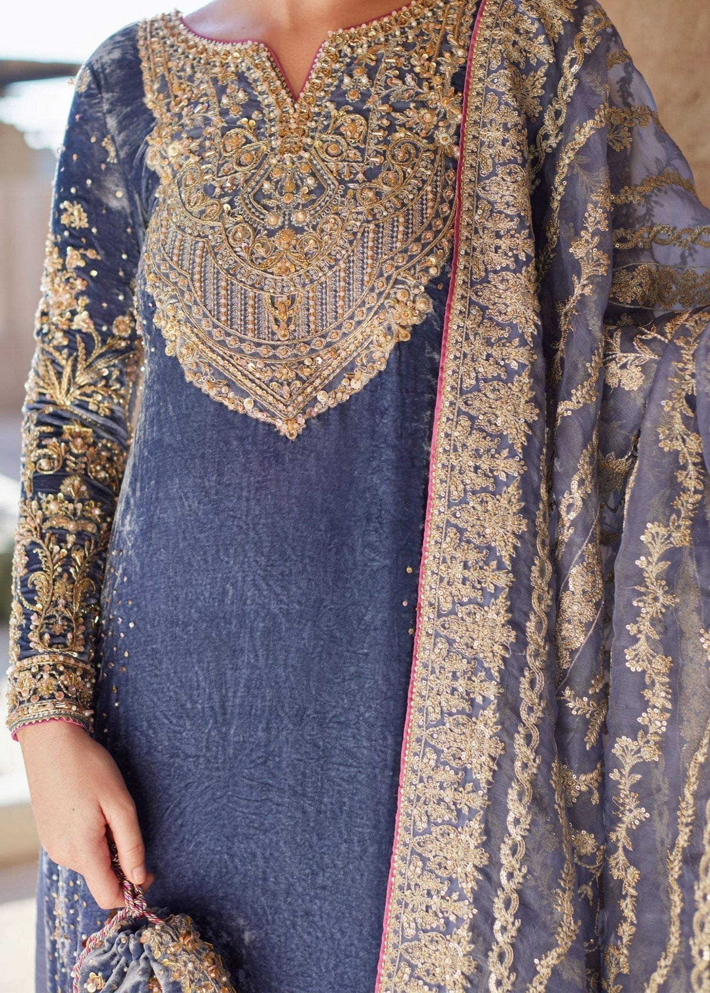Aleha greyish blue dabka kora embellishment detail - Kanwal Malik luxury pret