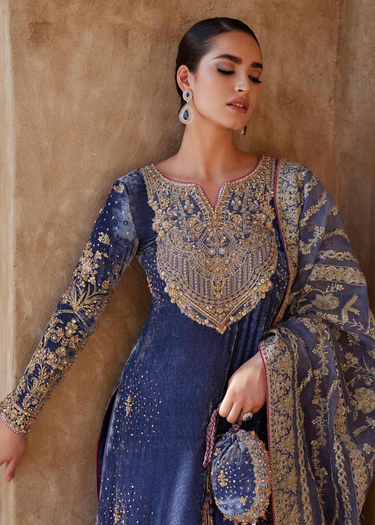Aleha greyish blue raw silk pants detail - Kanwal Malik luxury pret