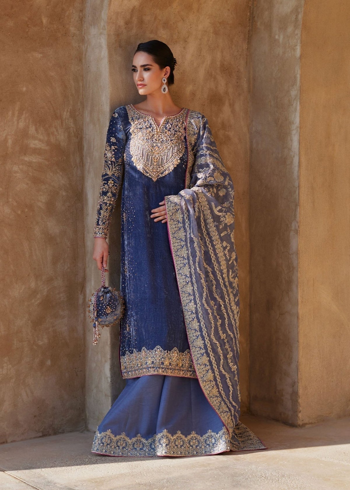 Aleha greyish blue velvet shirt front view - Kanwal Malik luxury pret