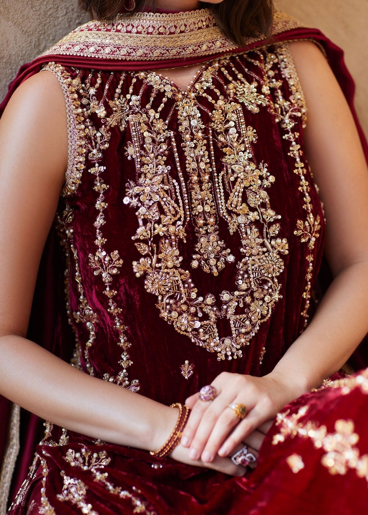 Aline maroon dabka kora embellishment detail - Kanwal Malik luxury pret