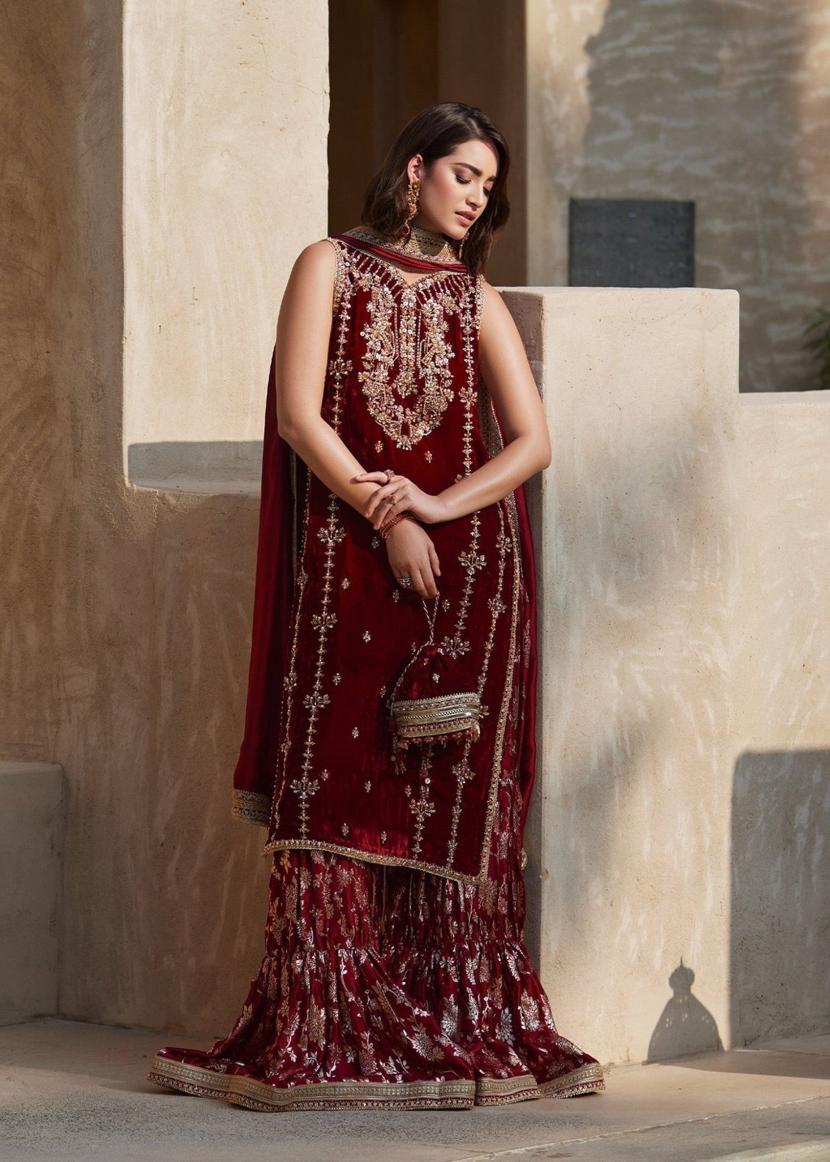 Aline maroon full ensemble view - Kanwal Malik luxury pret