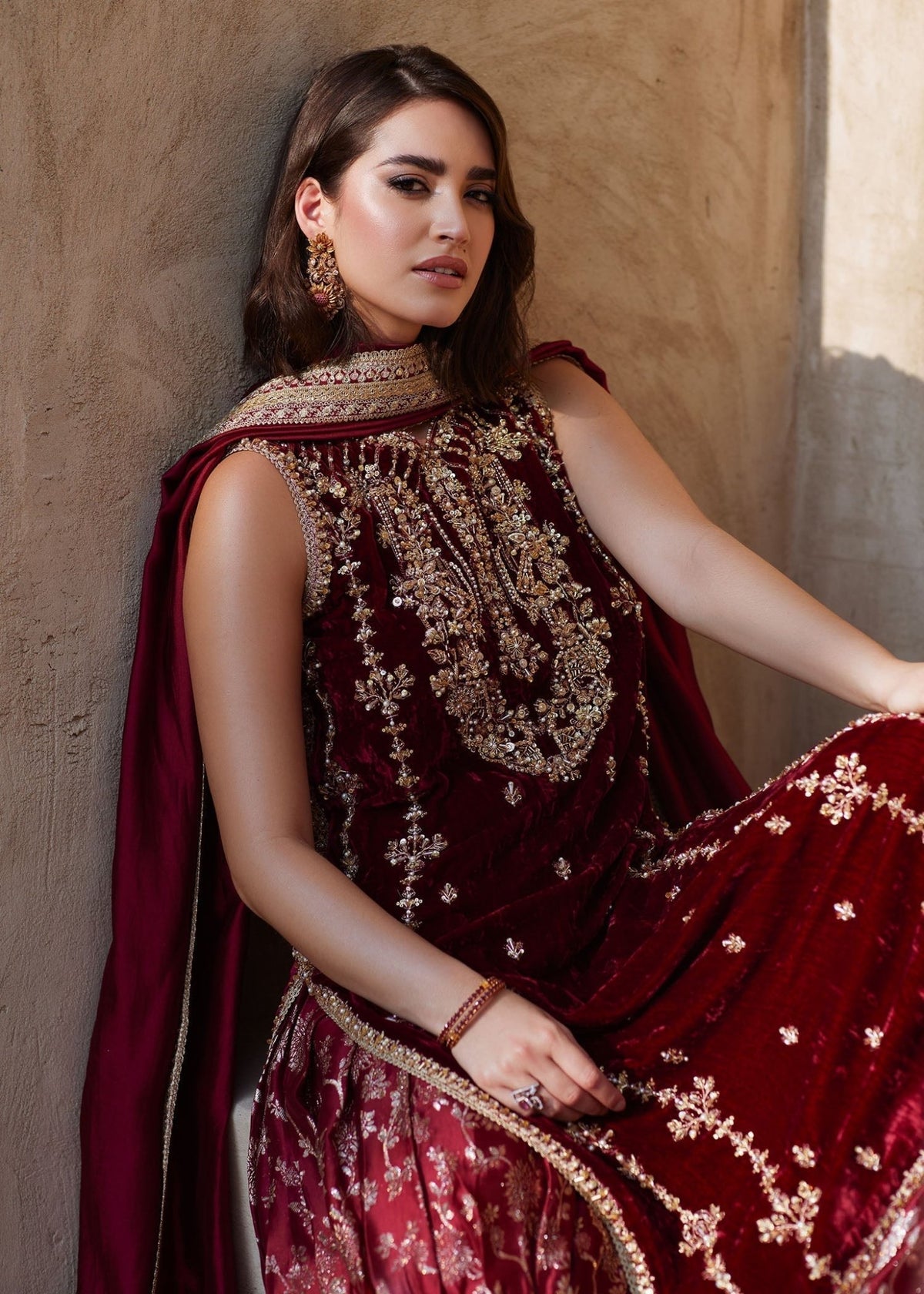 Aline maroon tissue silk sharara detail - Kanwal Malik luxury pret