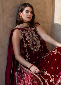 Aline maroon tissue silk sharara detail - Kanwal Malik luxury pret