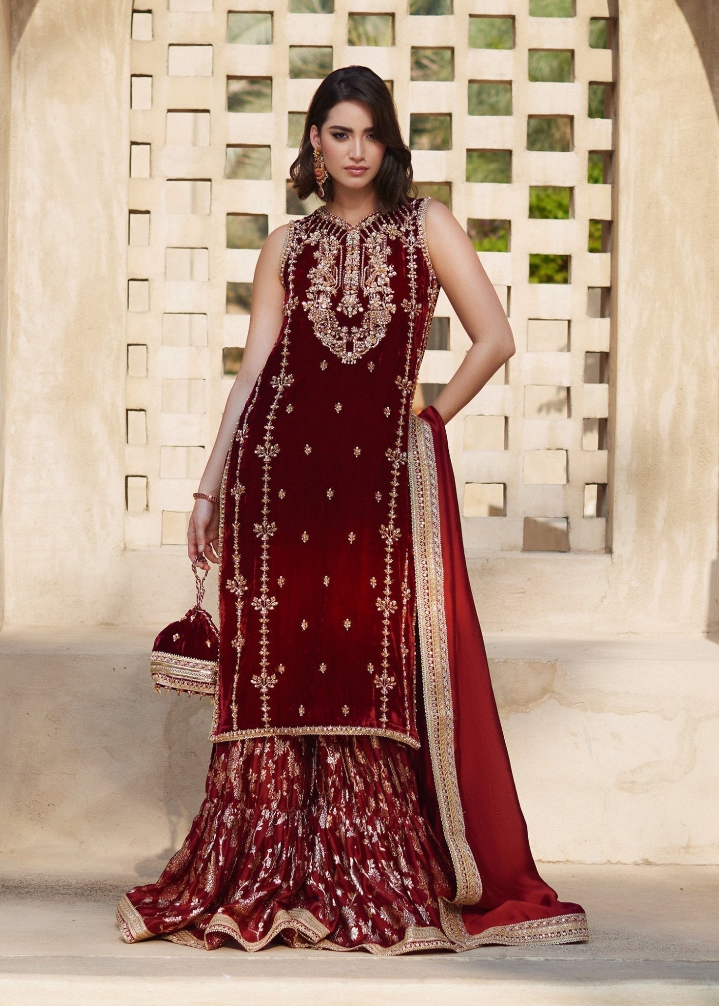 Aline maroon velvet shirt front view - Kanwal Malik luxury pret