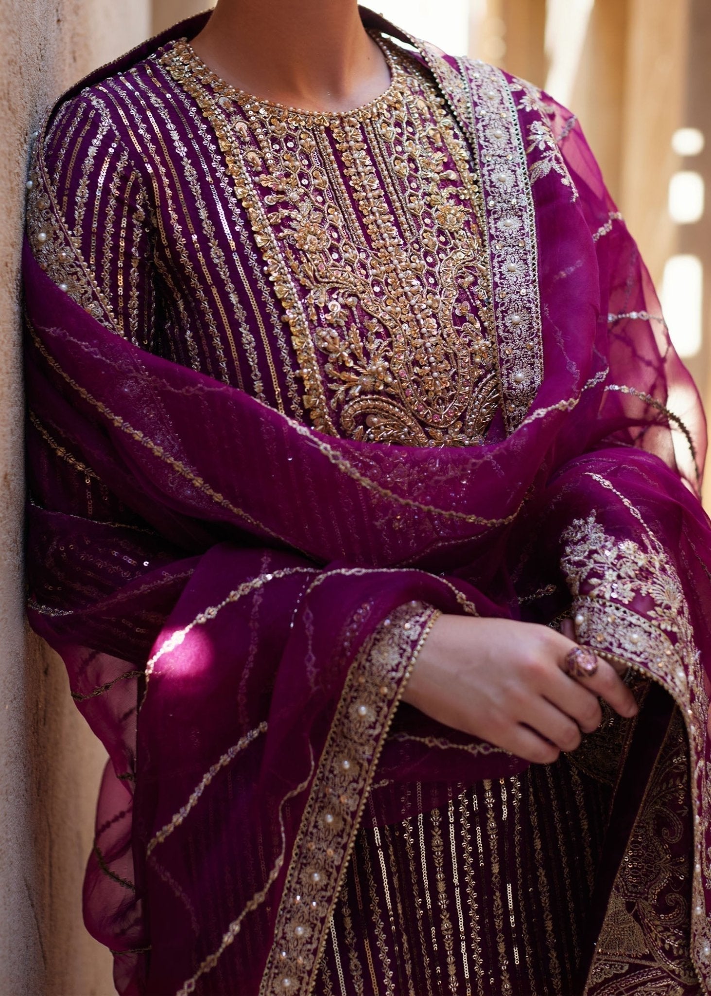 Amara light plum dabka pearl embroidery detail - Kanwal Malik