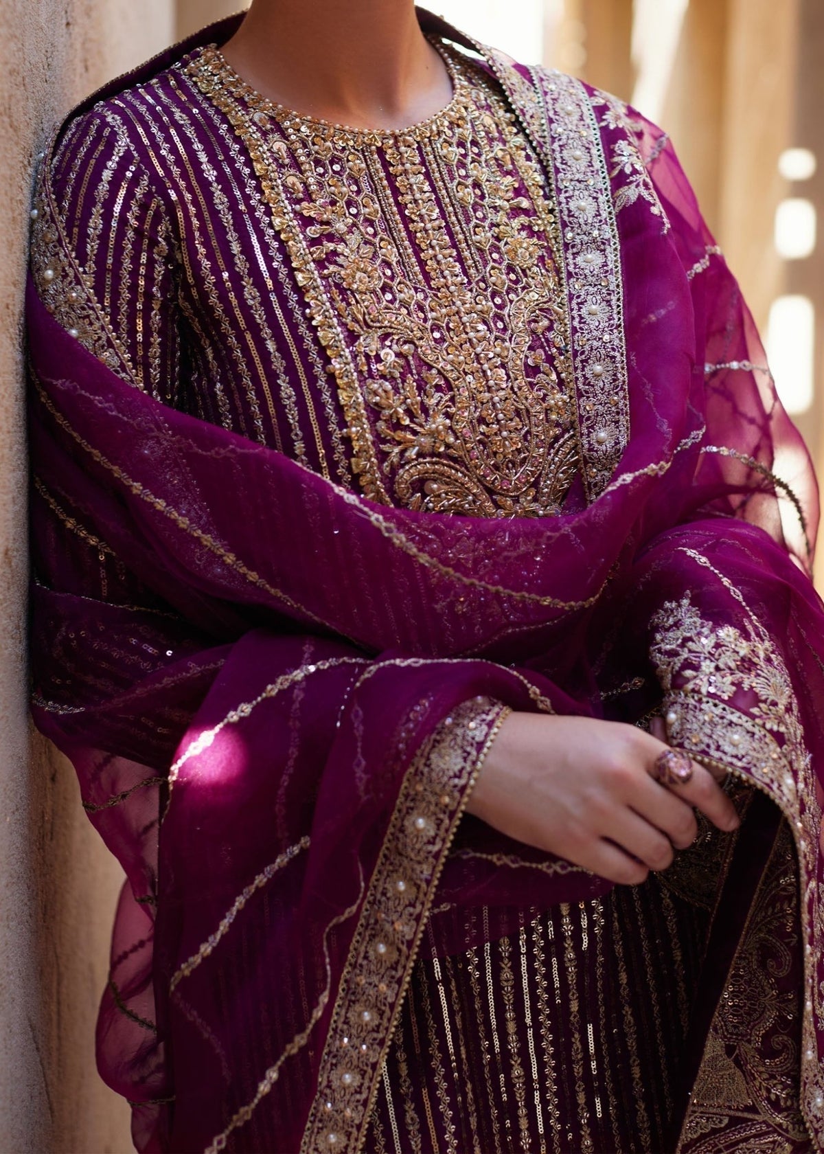 Amara light plum dabka pearl embroidery detail - Kanwal Malik