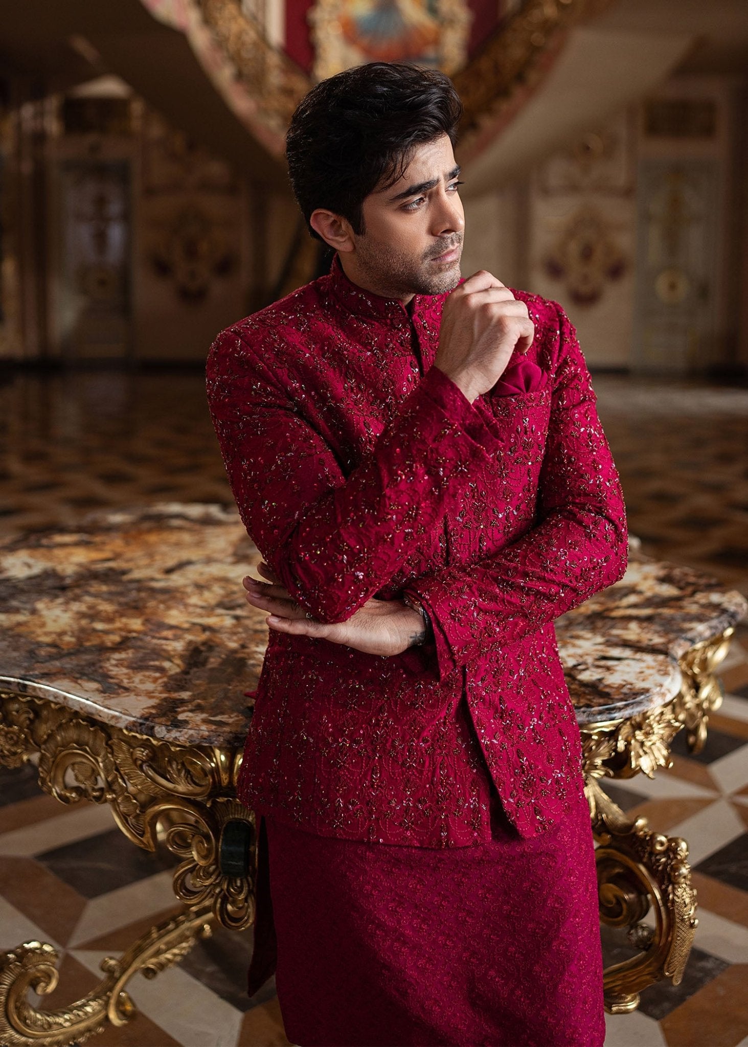 Ameer crimson embroidery embellishment detail - Kanwal Malik menswear