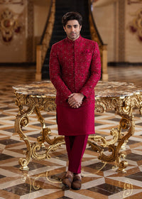 Ameer crimson raw silk prince jacket front view - Kanwal Malik menswear