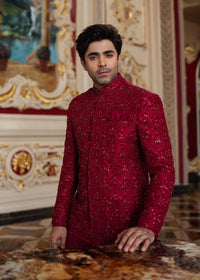 Ameer crimson kurta detail - Kanwal Malik menswear
