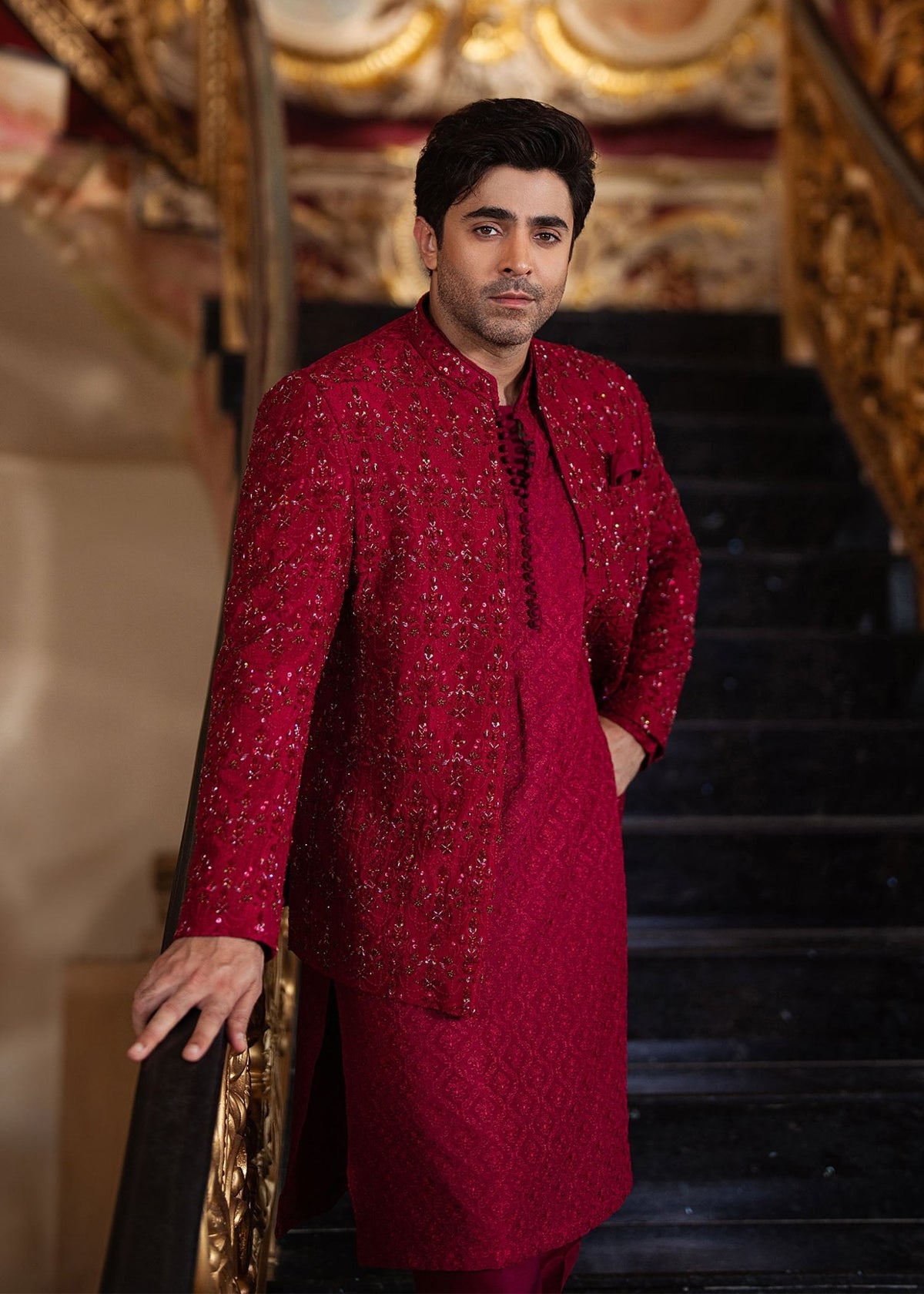Ameer crimson styled look - Kanwal Malik menswear