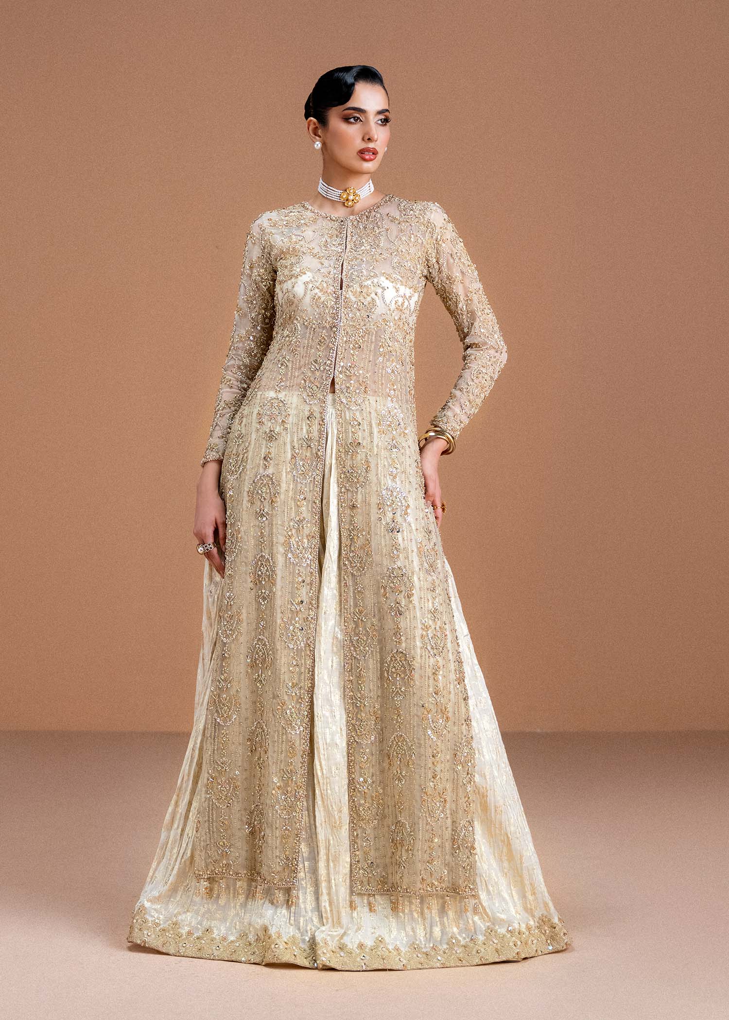 Aneesa pearl white pishwas front view - Kanwal Malik