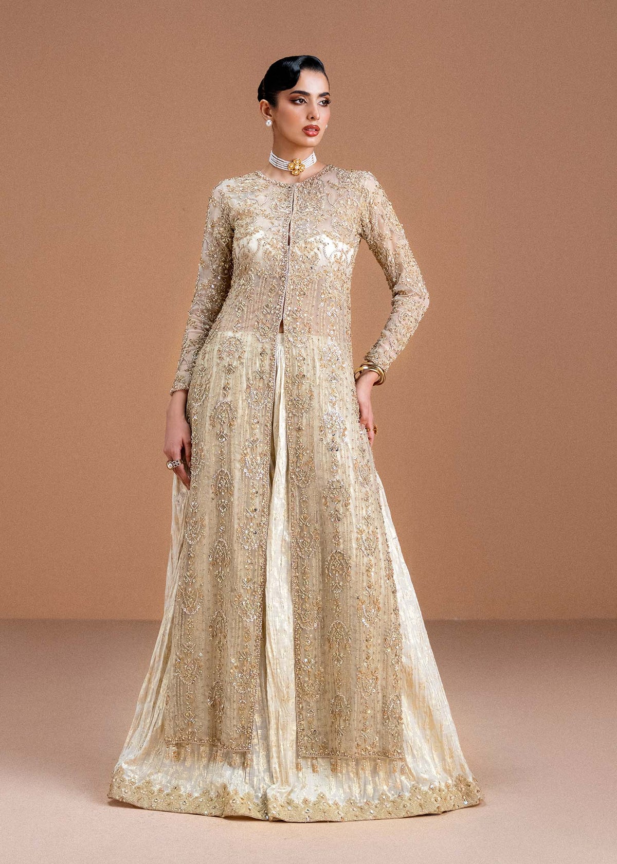 Aneesa pearl white pishwas front view - Kanwal Malik