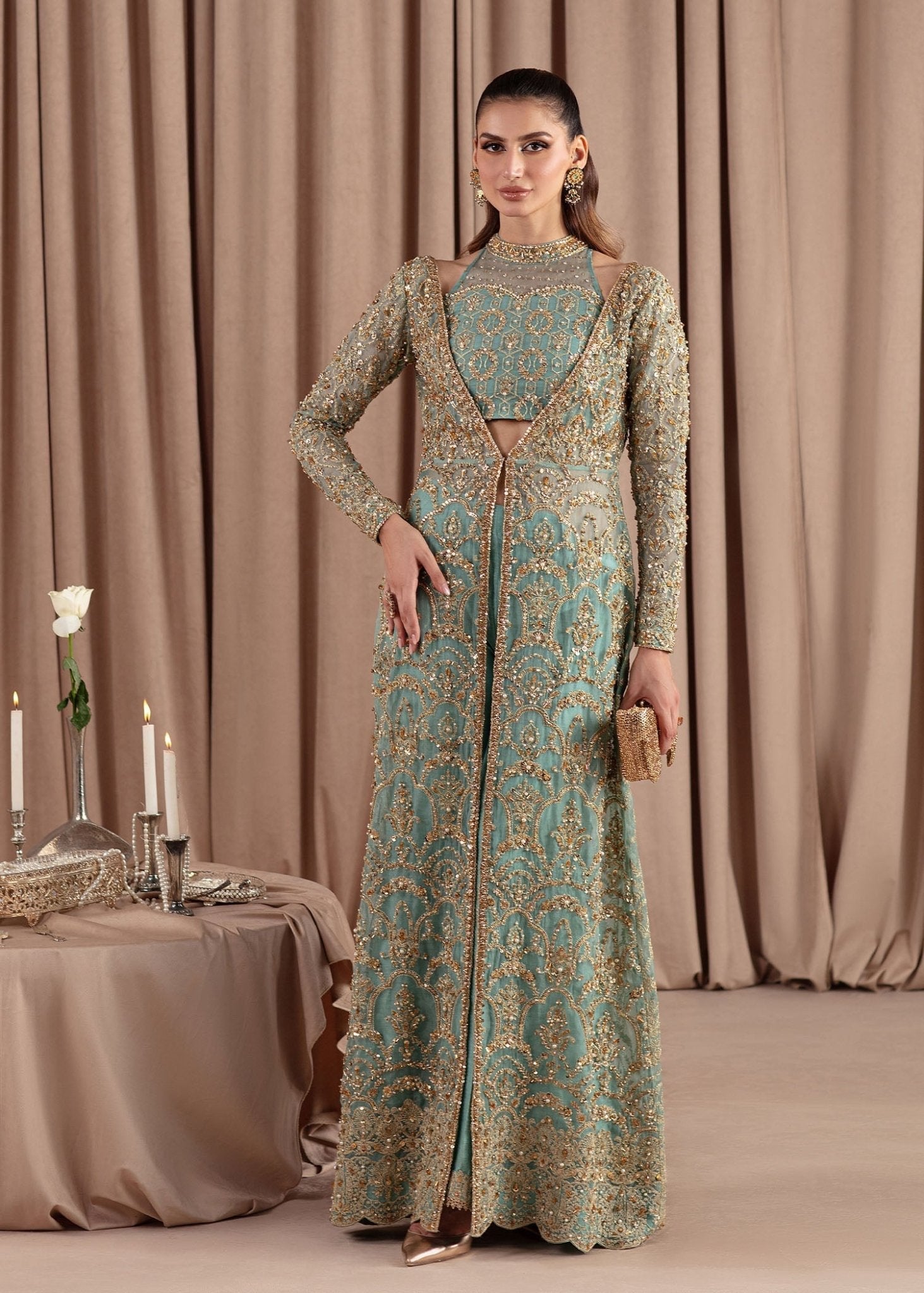 Aquamarine sky blue katan organza gown front view - Kanwal Malik luxury pret
