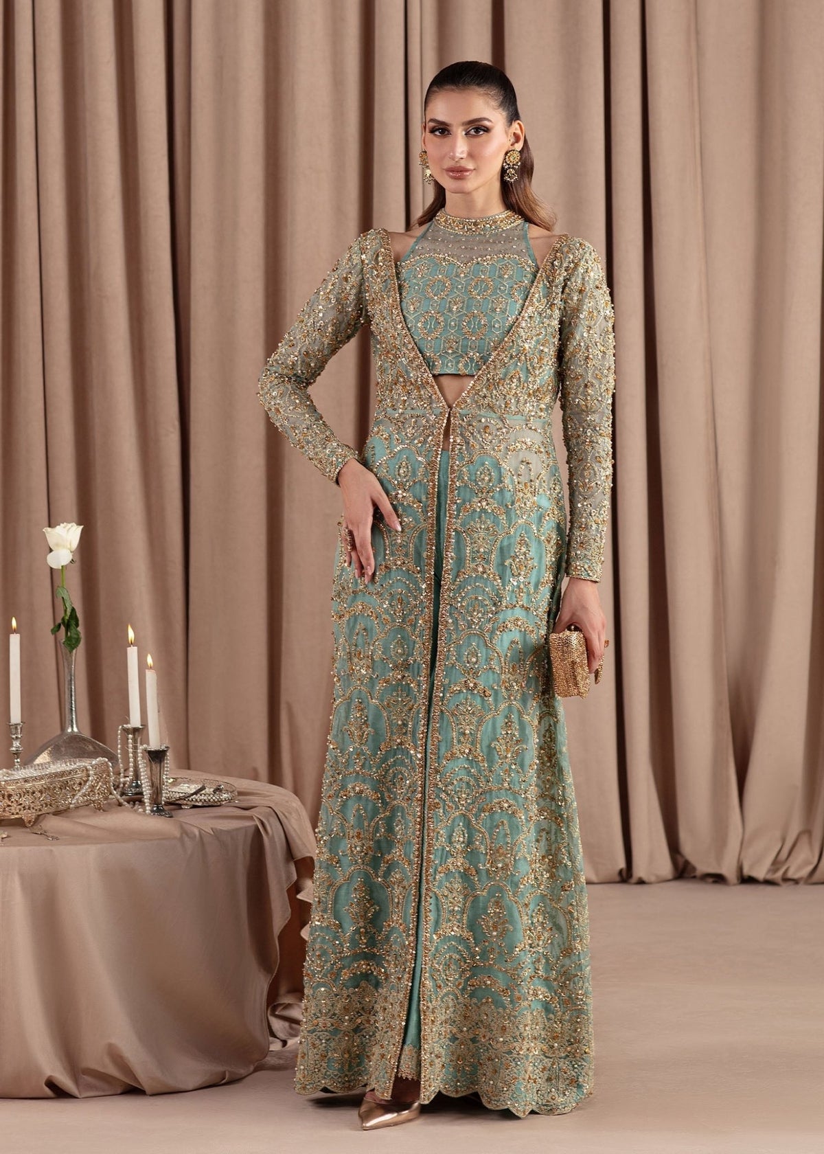 Aquamarine sky blue katan organza gown front view - Kanwal Malik luxury pret