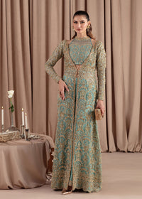 Aquamarine sky blue katan organza gown front view - Kanwal Malik luxury pret