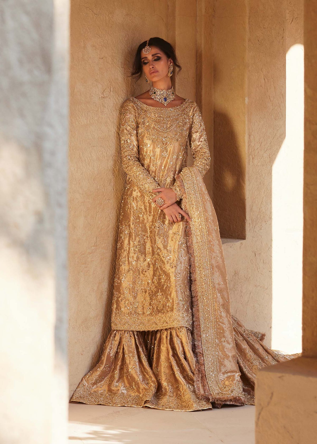 Arla luminous gold bridal full ensemble view - Kanwal Malik bridal couture