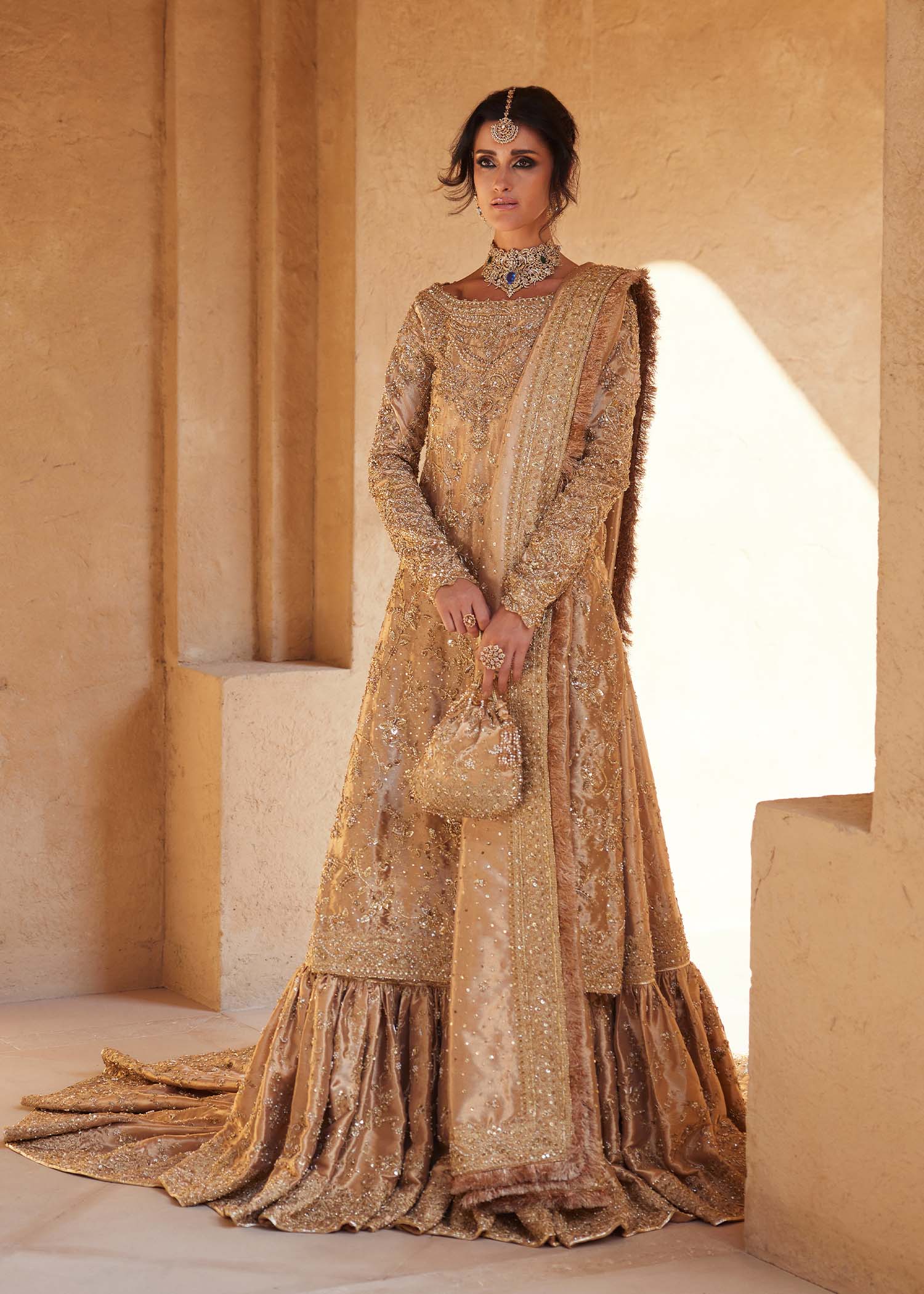 Arla luminous gold bridal shirt front view - Kanwal Malik bridal couture
