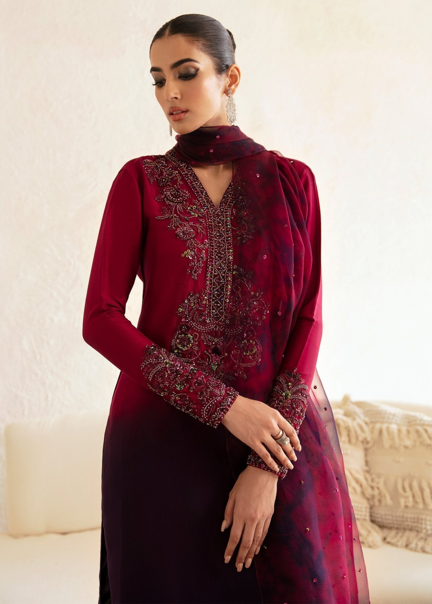 Aroha ombre plum embellishment detail - Kanwal Malik