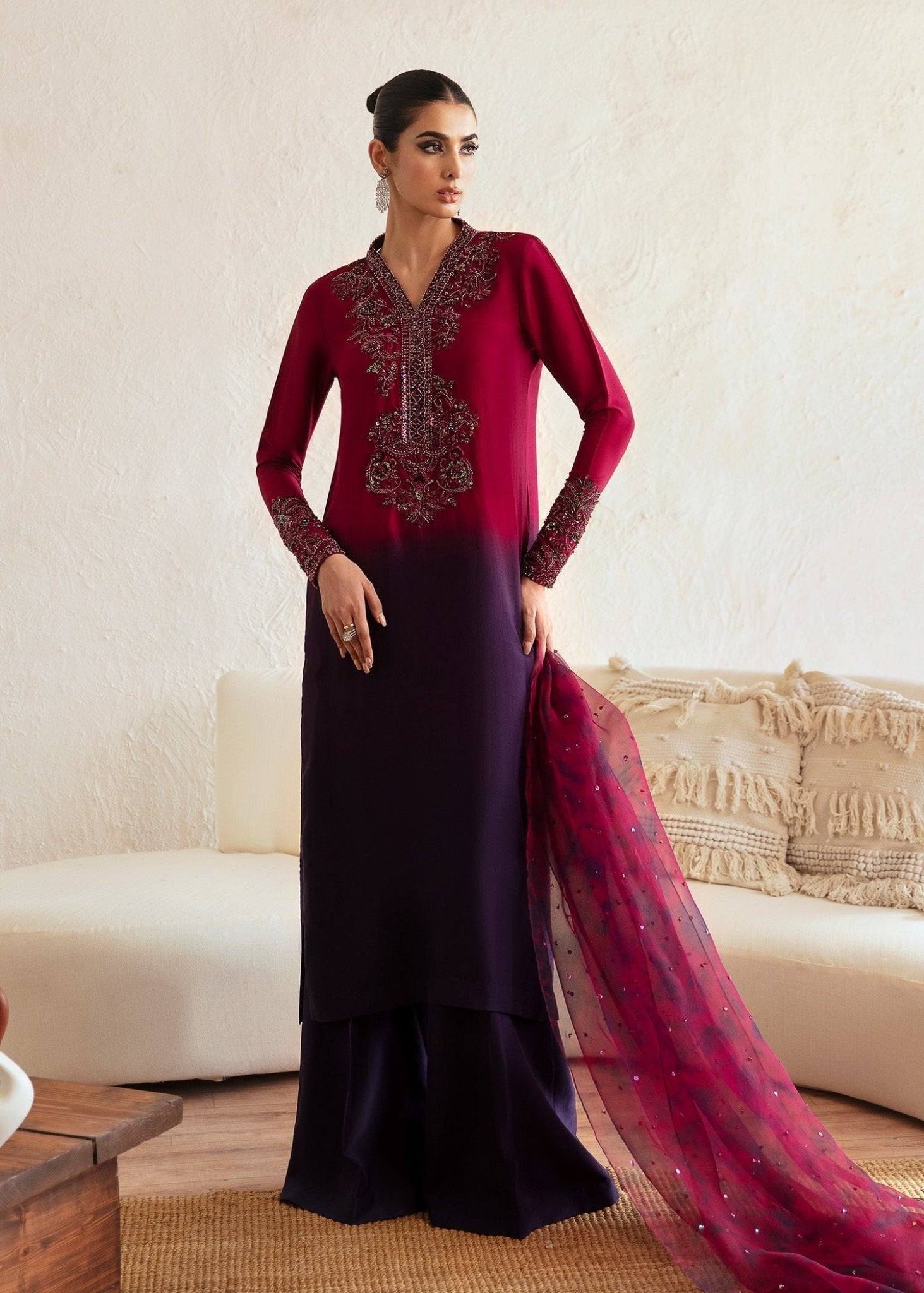 Aroha ombre plum raw silk ensemble front view - Kanwal Malik
