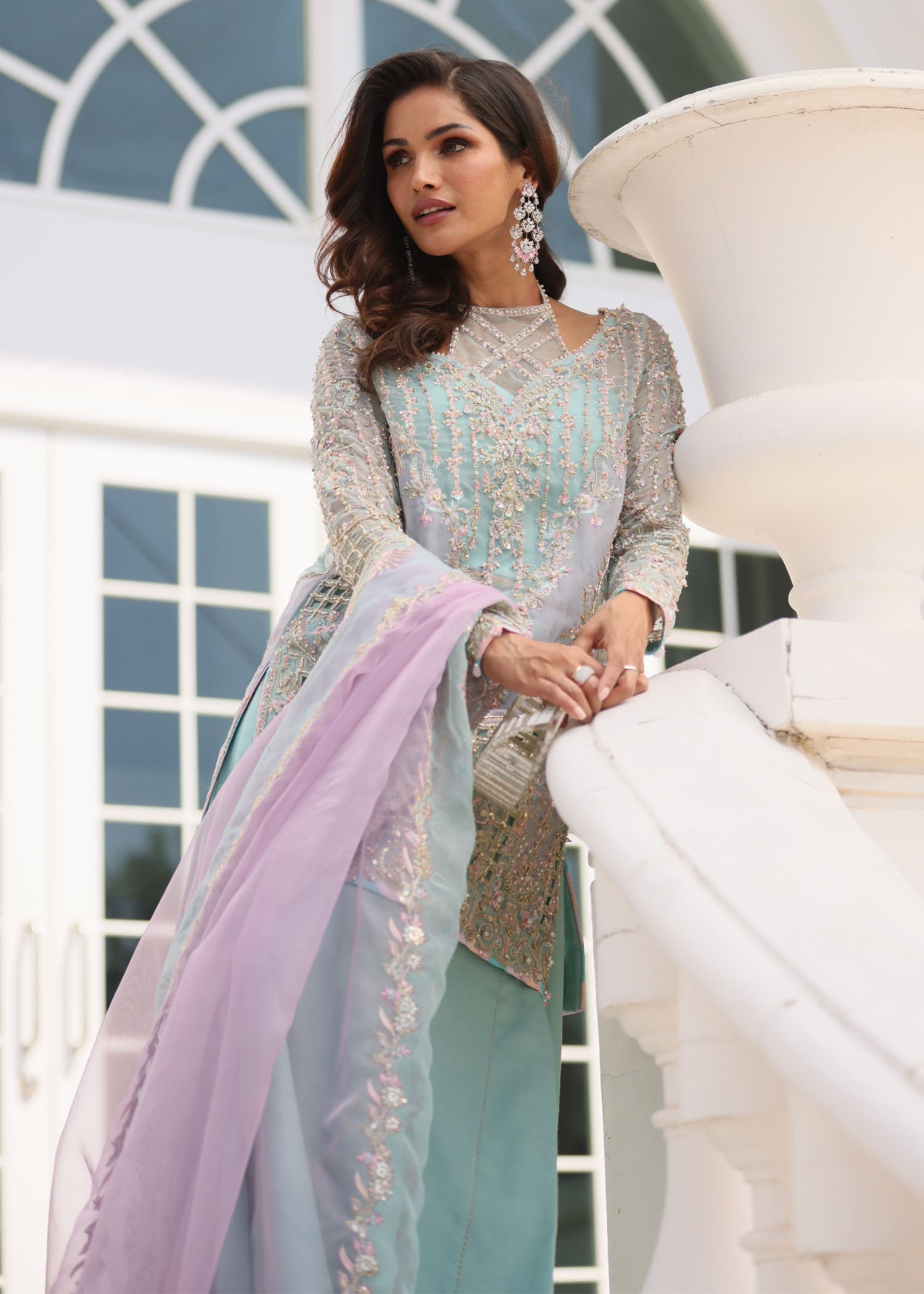 Arshia powder blue cutwork laser appliqué detail - Kanwal Malik