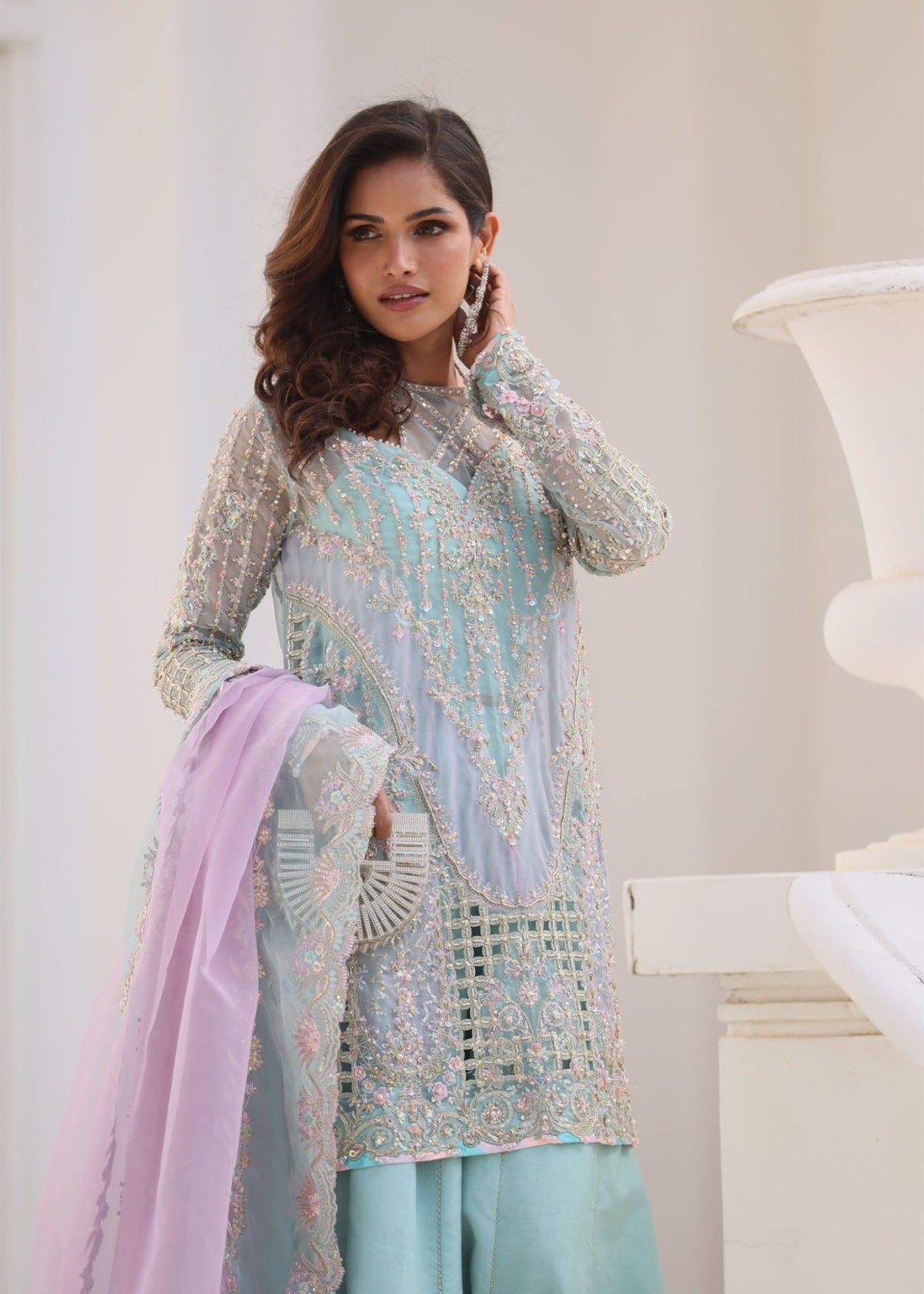 Arshia powder blue contrasting dupatta detail - Kanwal Malik