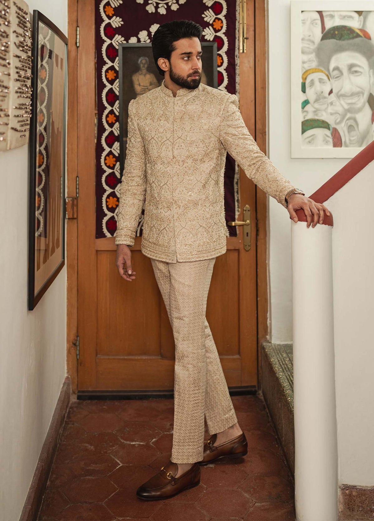 Ashar golden full ensemble view - Kanwal Malik menswear