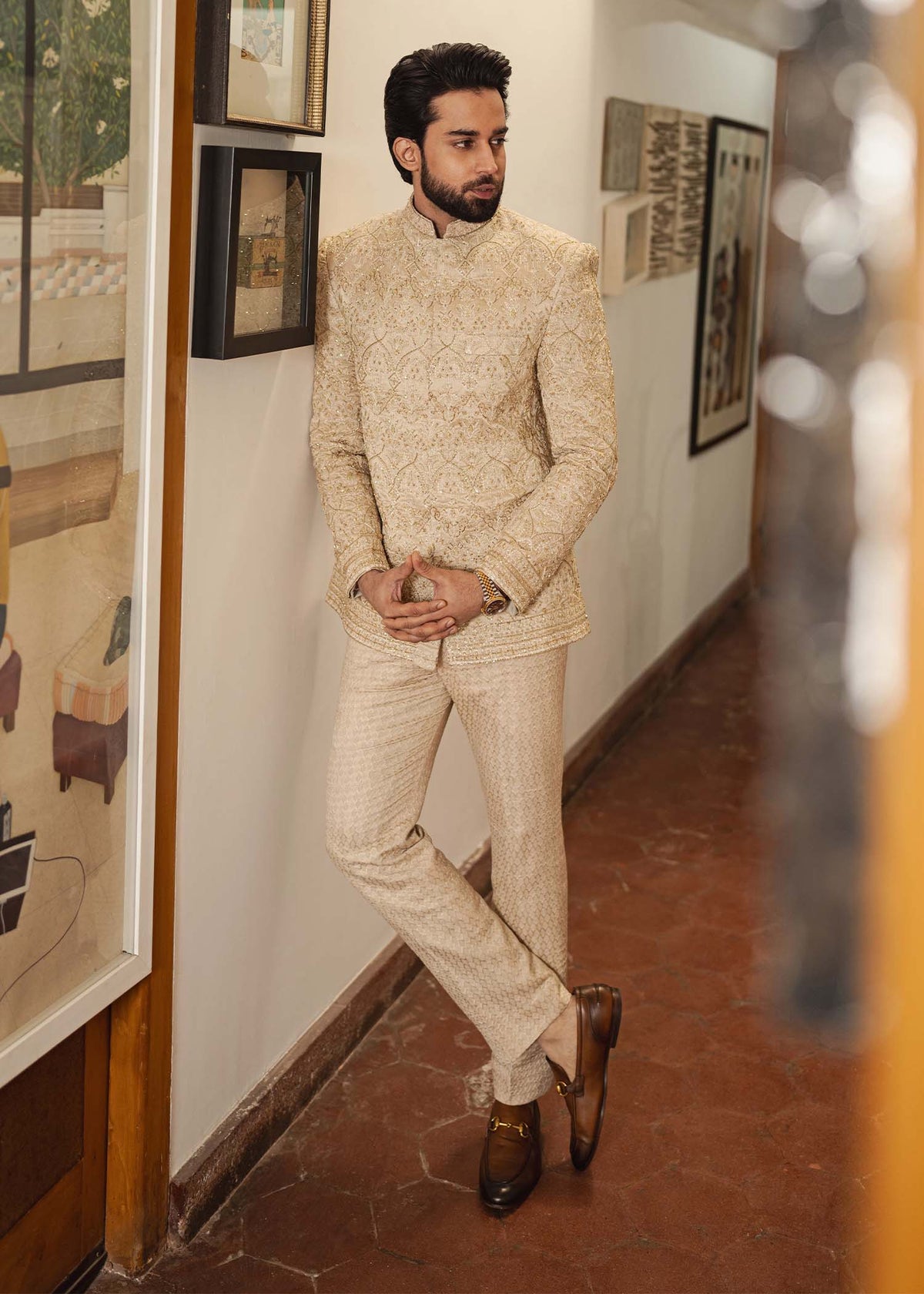Ashar golden jacket front view - Kanwal Malik menswear