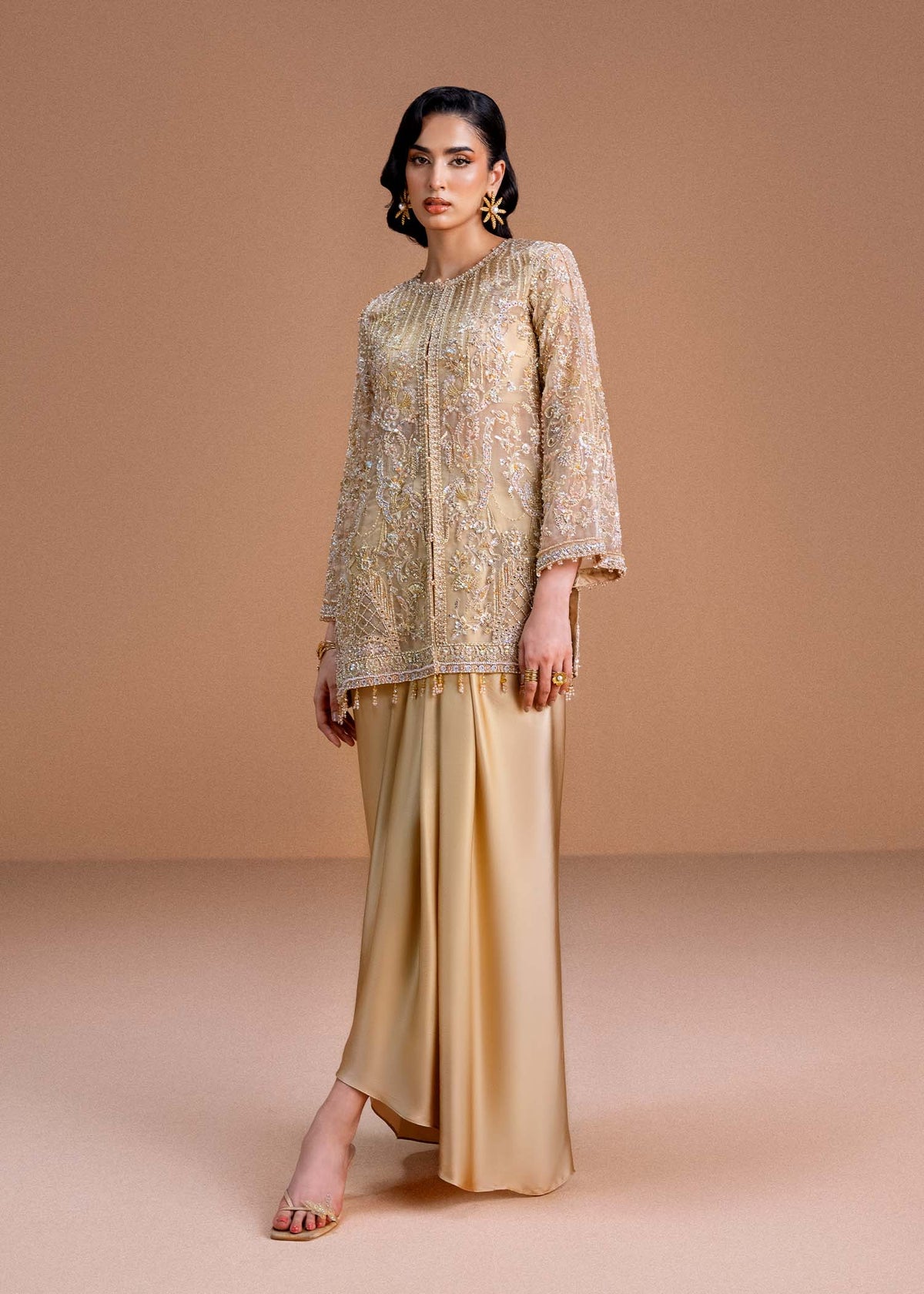 Aurelia honey nude organza shirt front view - Kanwal Malik luxury pret