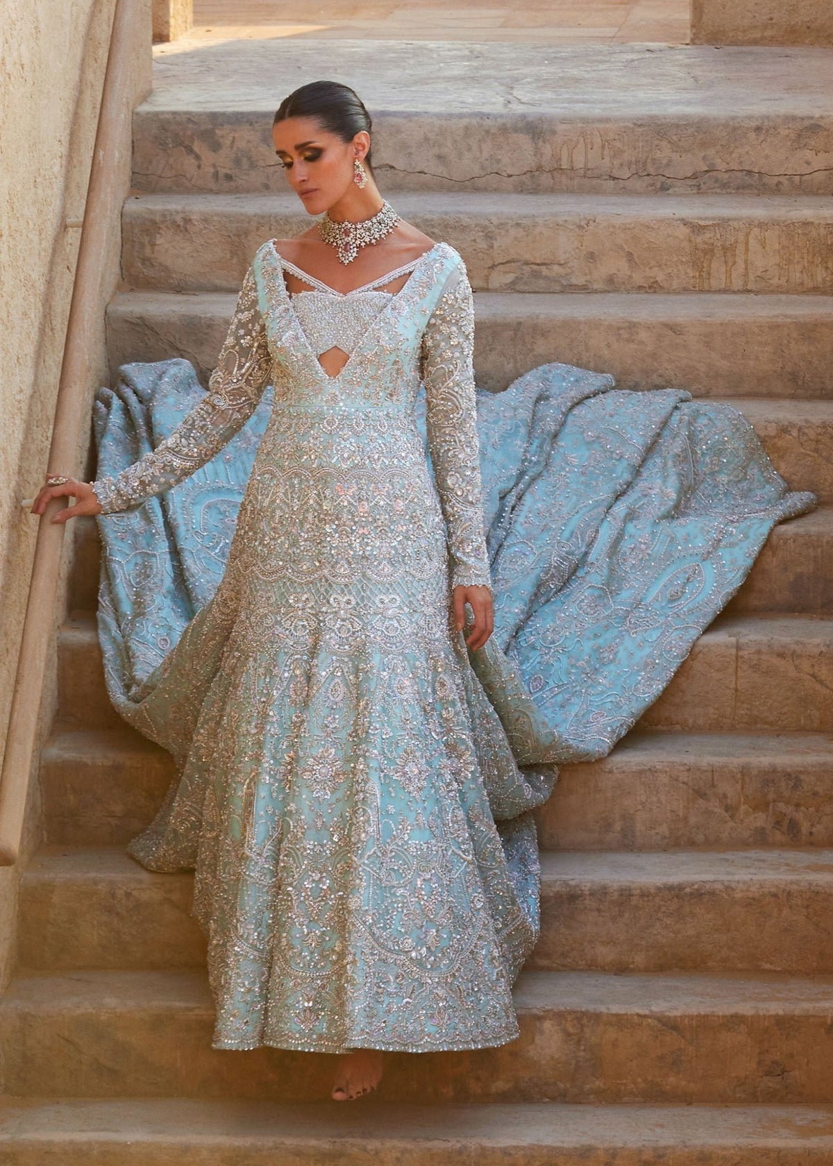 Aylin ice blue bridal full ensemble view - Kanwal Malik bridal couture