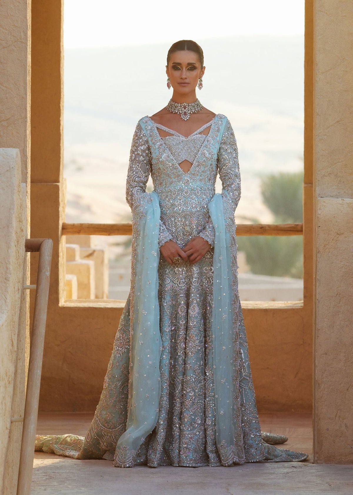 Aylin ice blue mermaid gown front view - Kanwal Malik bridal couture