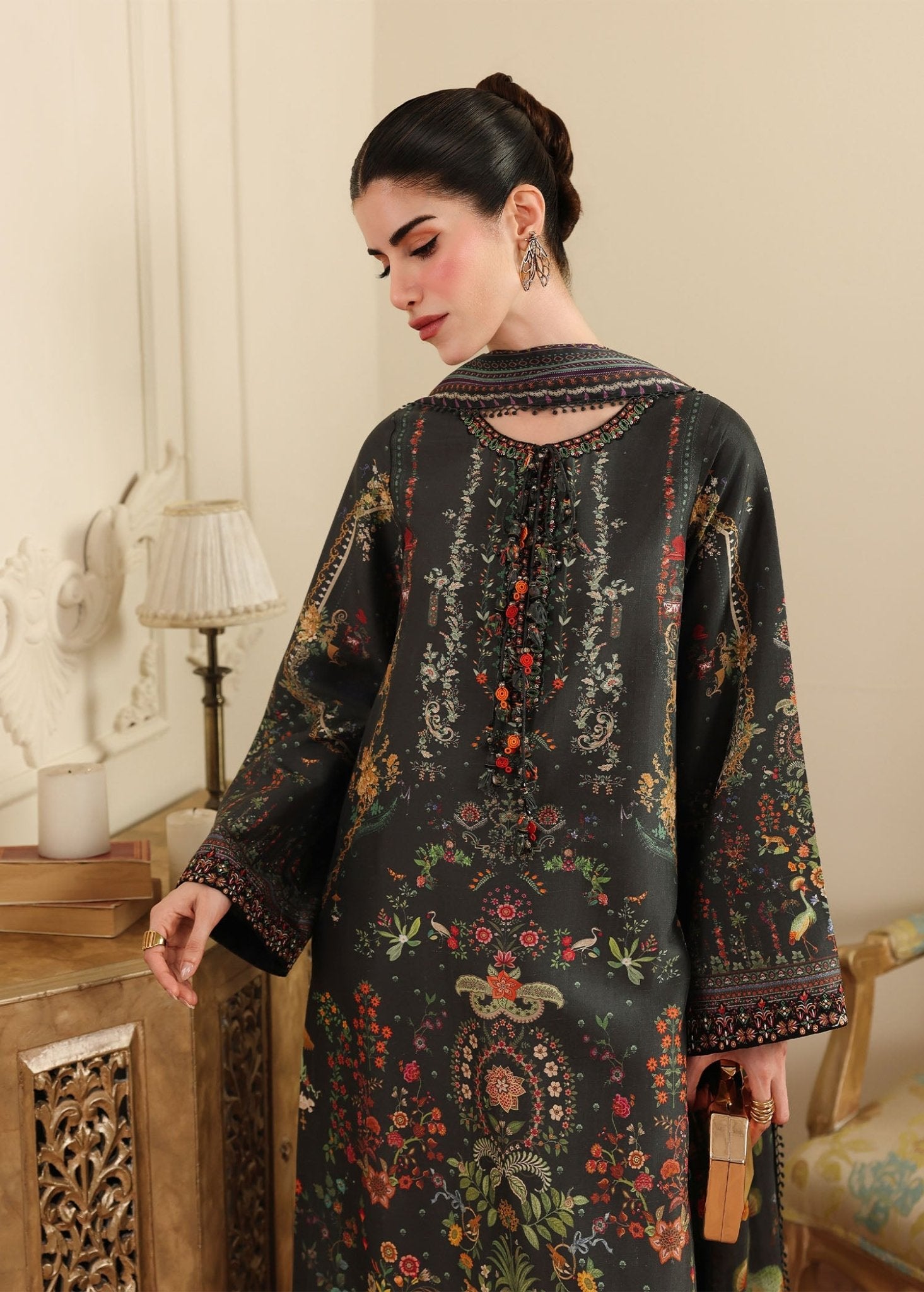 Ayra greyish black embroidery neckline detail - Kanwal Malik luxe silk