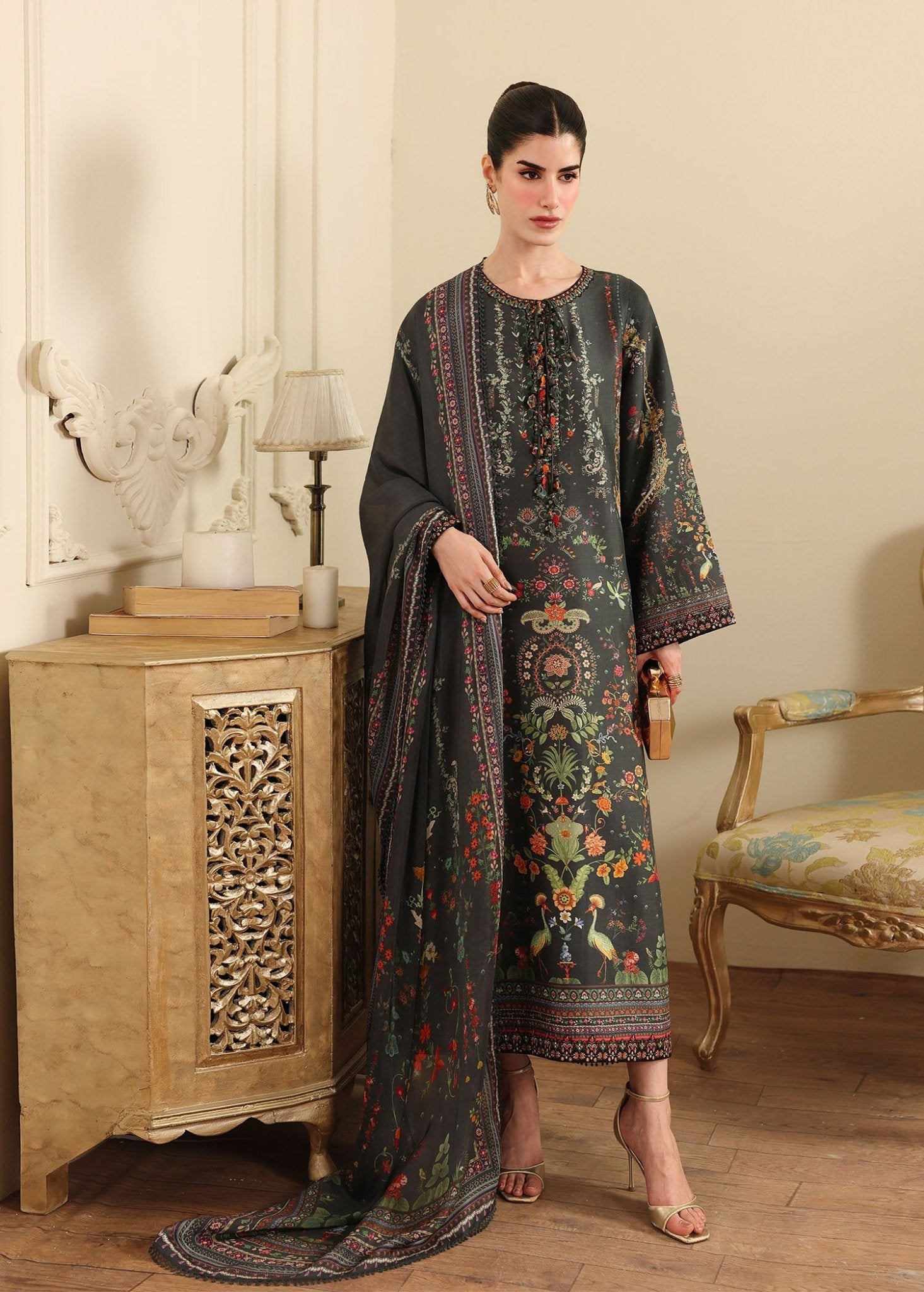 Ayra greyish black raw silk shirt front view - Kanwal Malik luxe silk