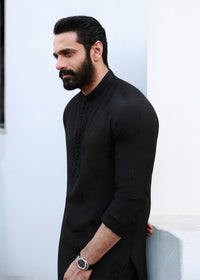Azlan black hand embellishment neckline detail - Kanwal Malik menswear