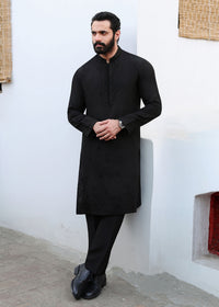 Azlan black sherwani front view - Kanwal Malik menswear