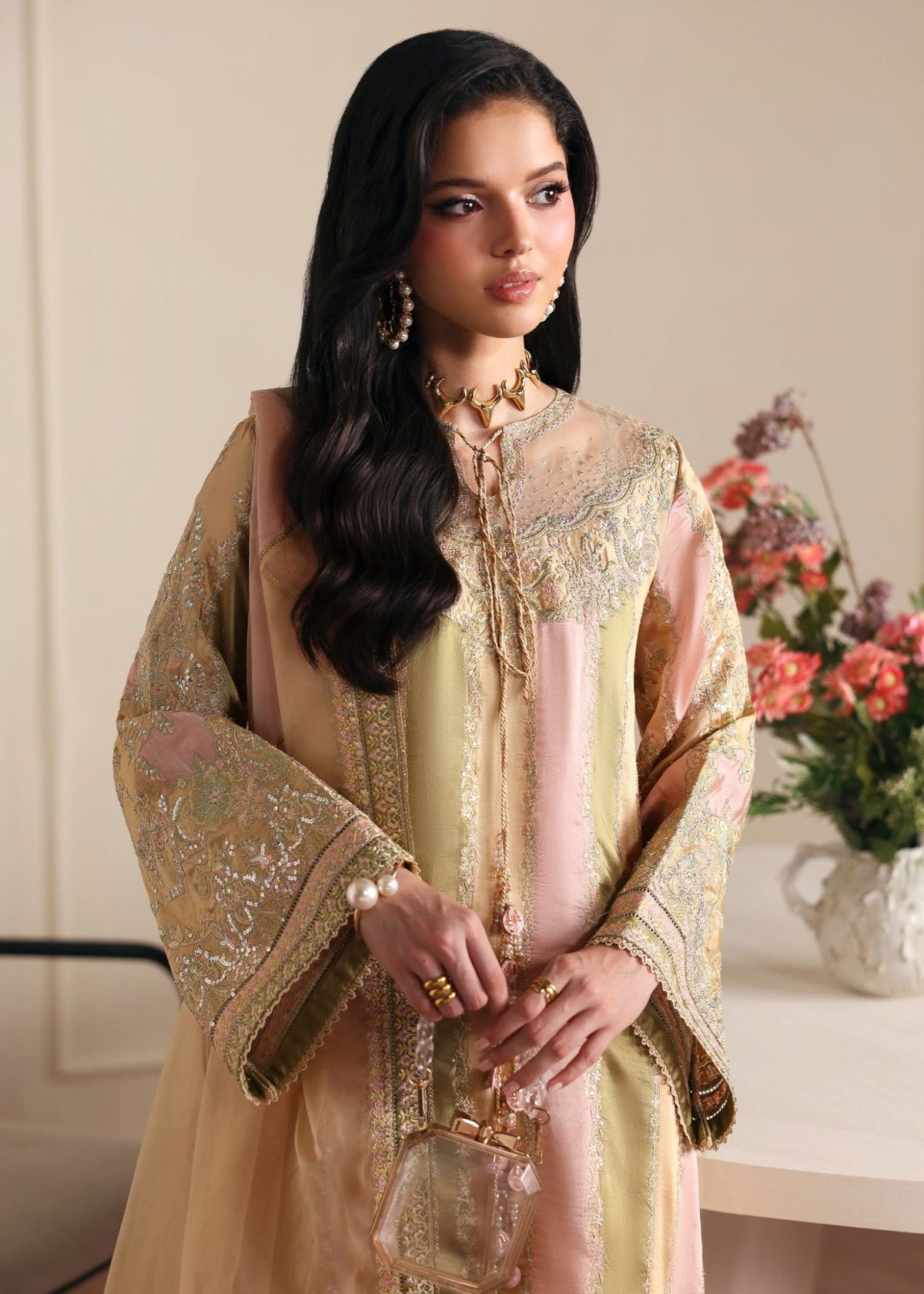Bareeha gold multi-color embroidery detail - Kanwal Malik